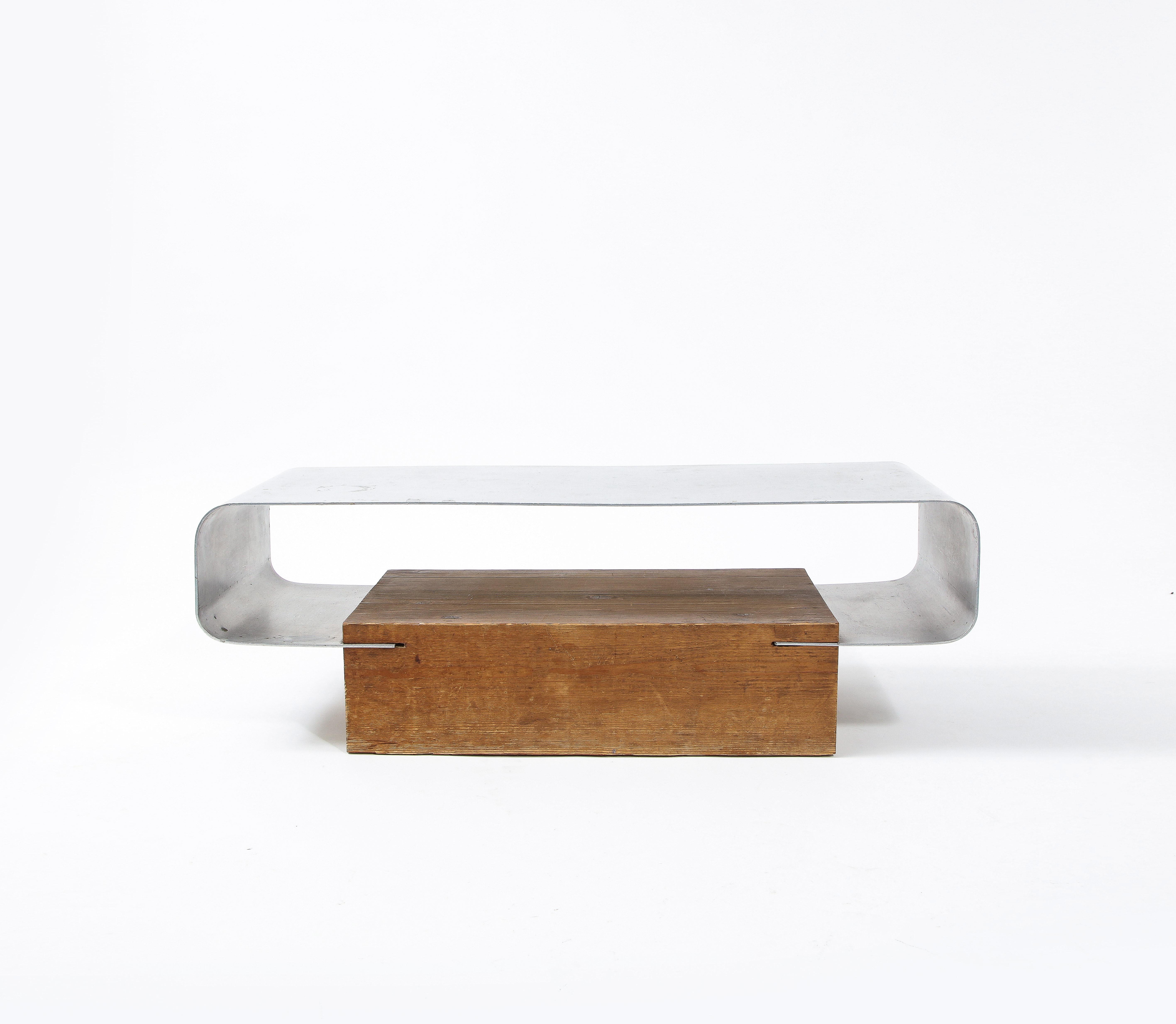 Solid Studio Table Vintage Sculptural Solid Wood and Aluminum Studio Coffee Table, France ...