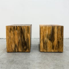 Vintage Sculptural Spalted Maple Wood Block Stools or Side Tables, Pair