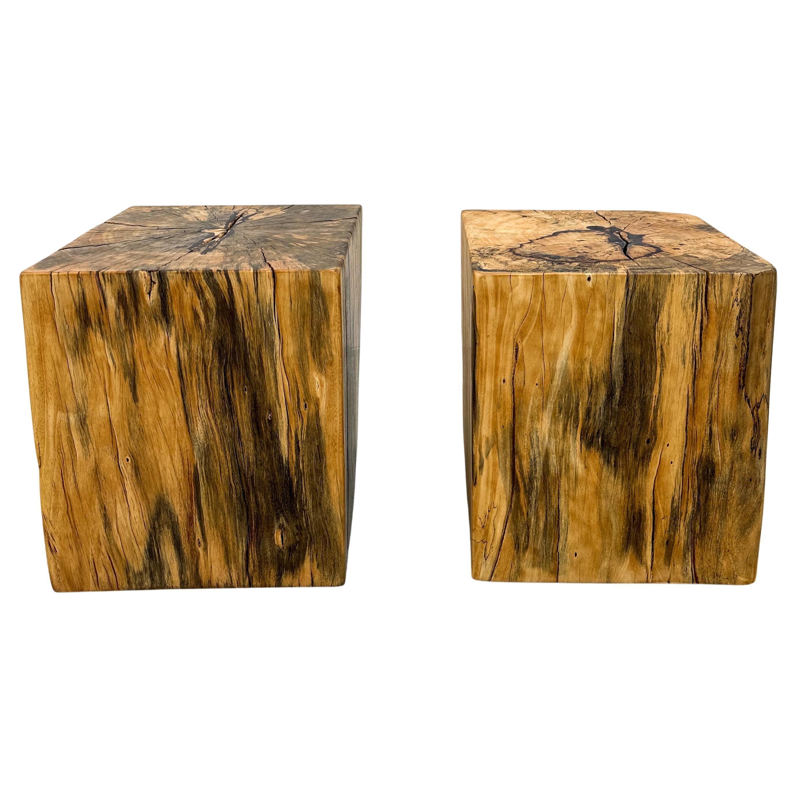 Vintage Sculptural Spalted Maple Wood Block Stools or Side Tables, Pair For Sale