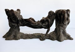 Vintage Sculptural Spelter Nude Coffee Table with Bronze Patina and Glass Top