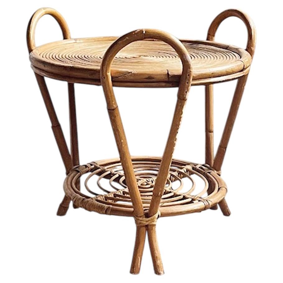 Vintage Sculptural Two-Tier Rattan Side Table with Loop Handles, Japan, 1970s