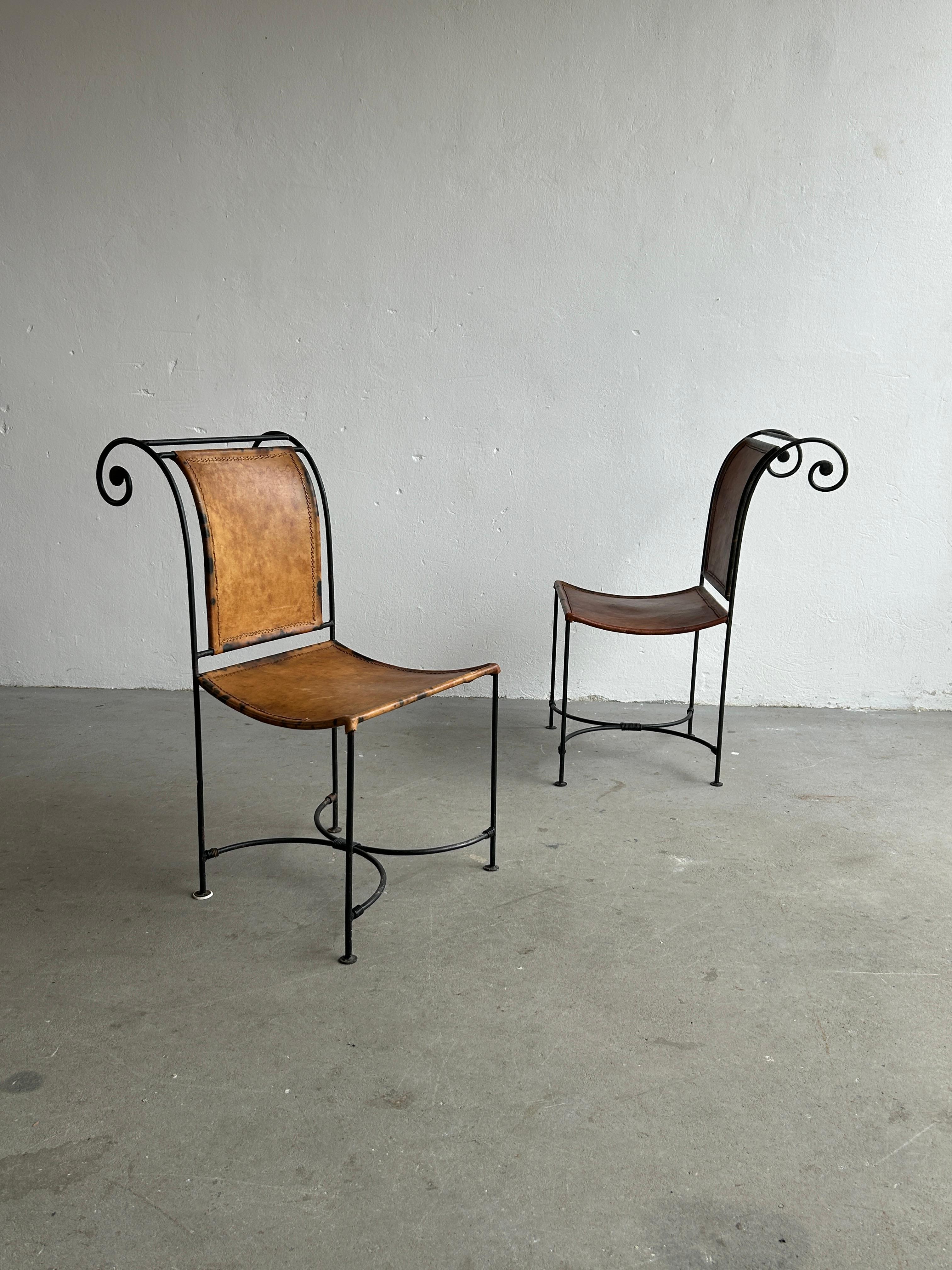 Spanish Colonial Vintage Sculptural Wrought Iron and Leather Handcrafted Accent Chairs