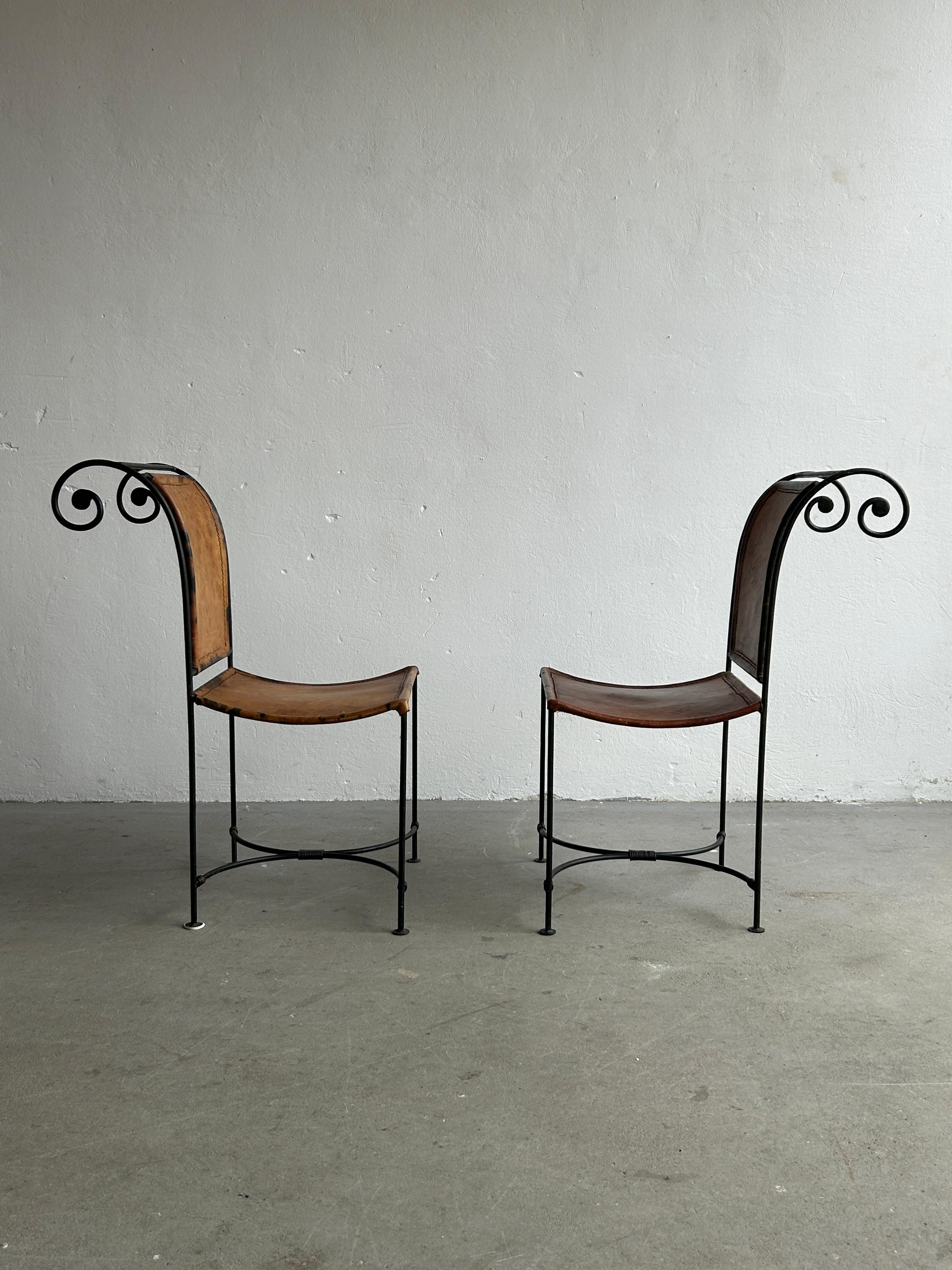 Spanish Vintage Sculptural Wrought Iron and Leather Handcrafted Accent Chairs