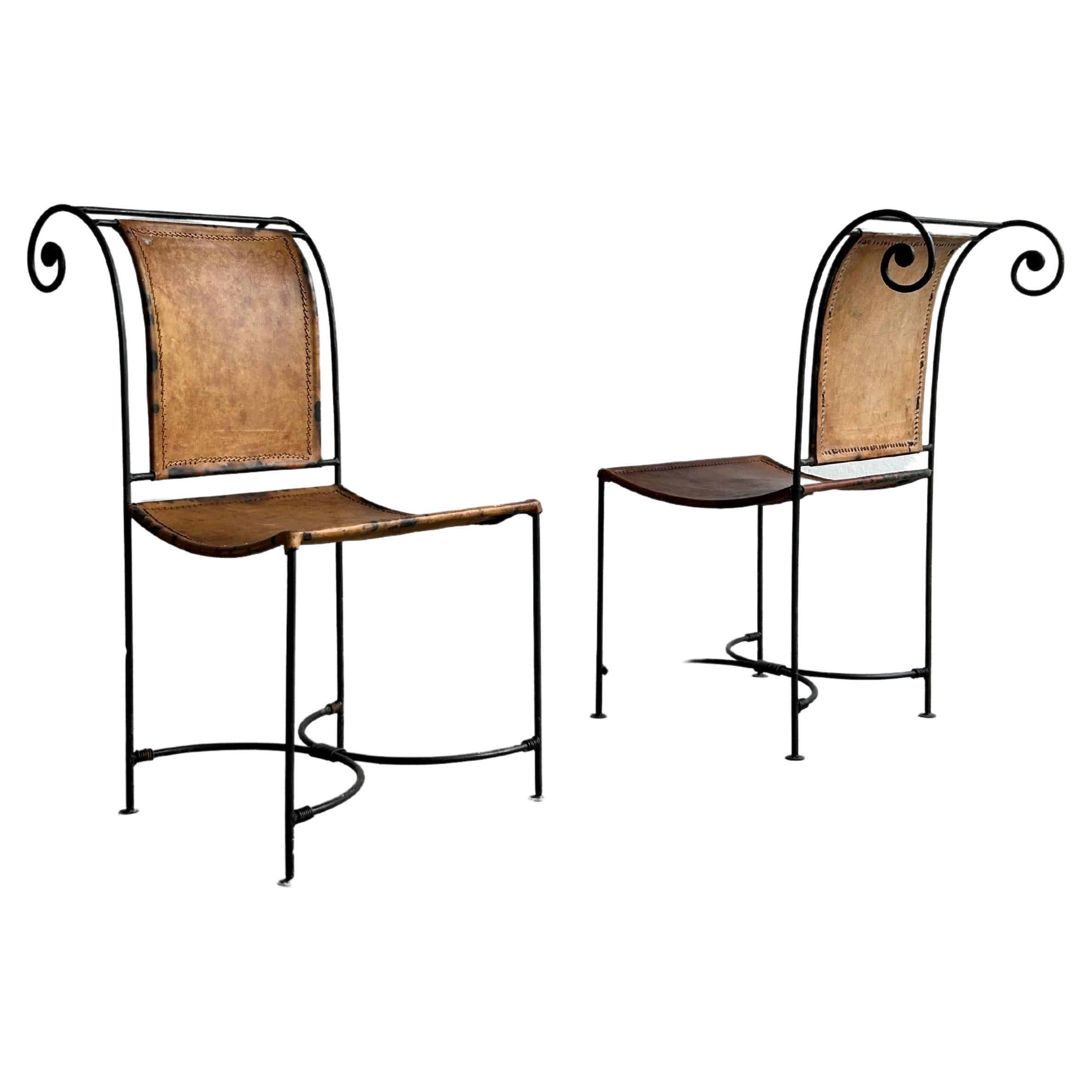 Vintage Sculptural Wrought Iron and Leather Handcrafted Accent Chairs