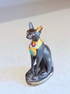 Vintage Sculpture Egyptian Black Stone Figurine Cat Decorative