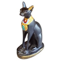 Vintage Sculpture Egyptian Black Stone Figurine Cat Decorative