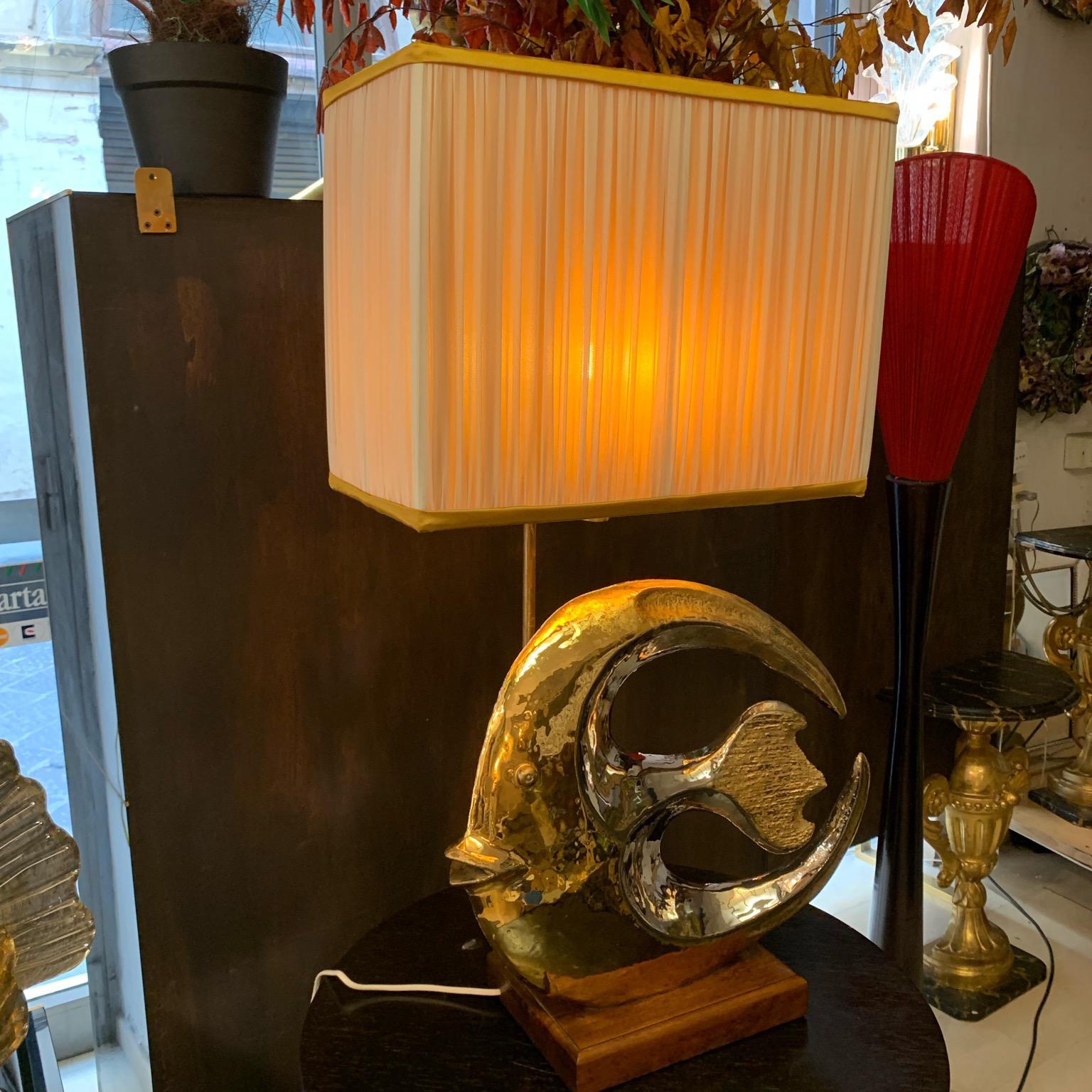 Vintage Sculpture Fish Table Lamp Golden Ceramic with Mirror Effect, 1970s 1