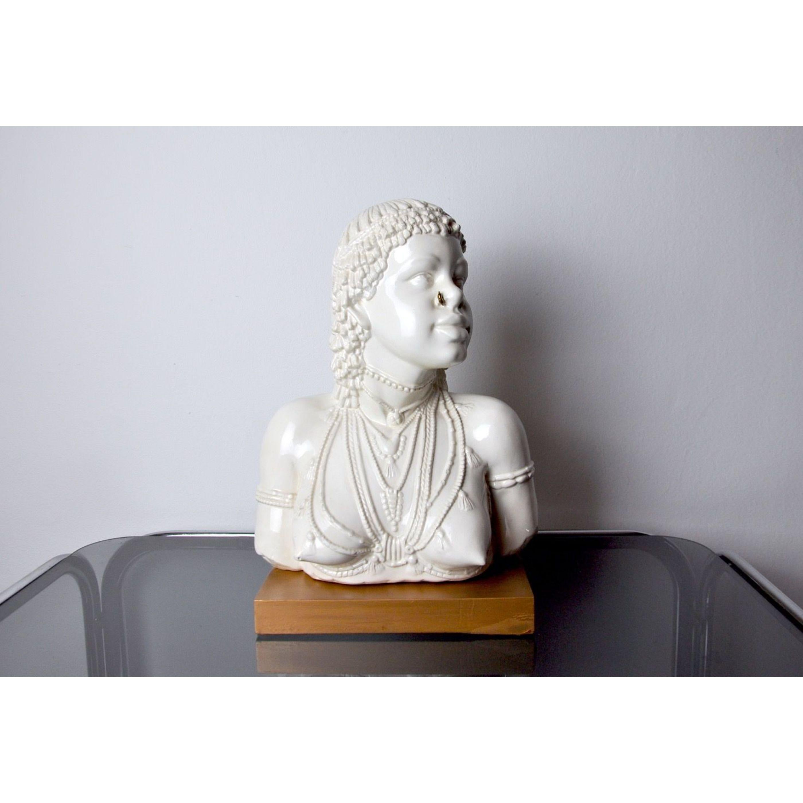 Hollywood Regency Vintage Sculpture of a White Ceramic Aboriginal Woman Bust, Italy 1970 For Sale