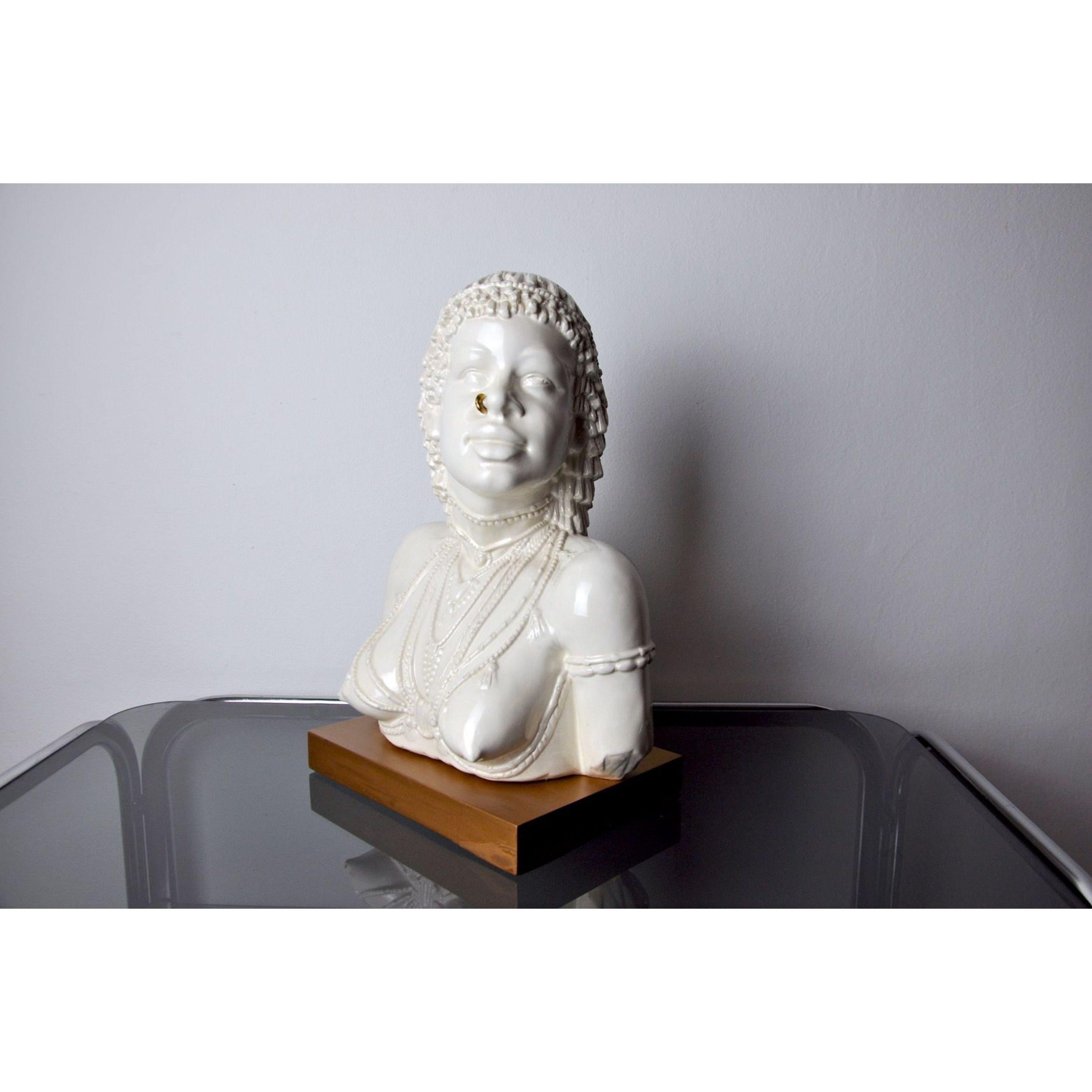 Italian Vintage Sculpture of a White Ceramic Aboriginal Woman Bust, Italy 1970 For Sale