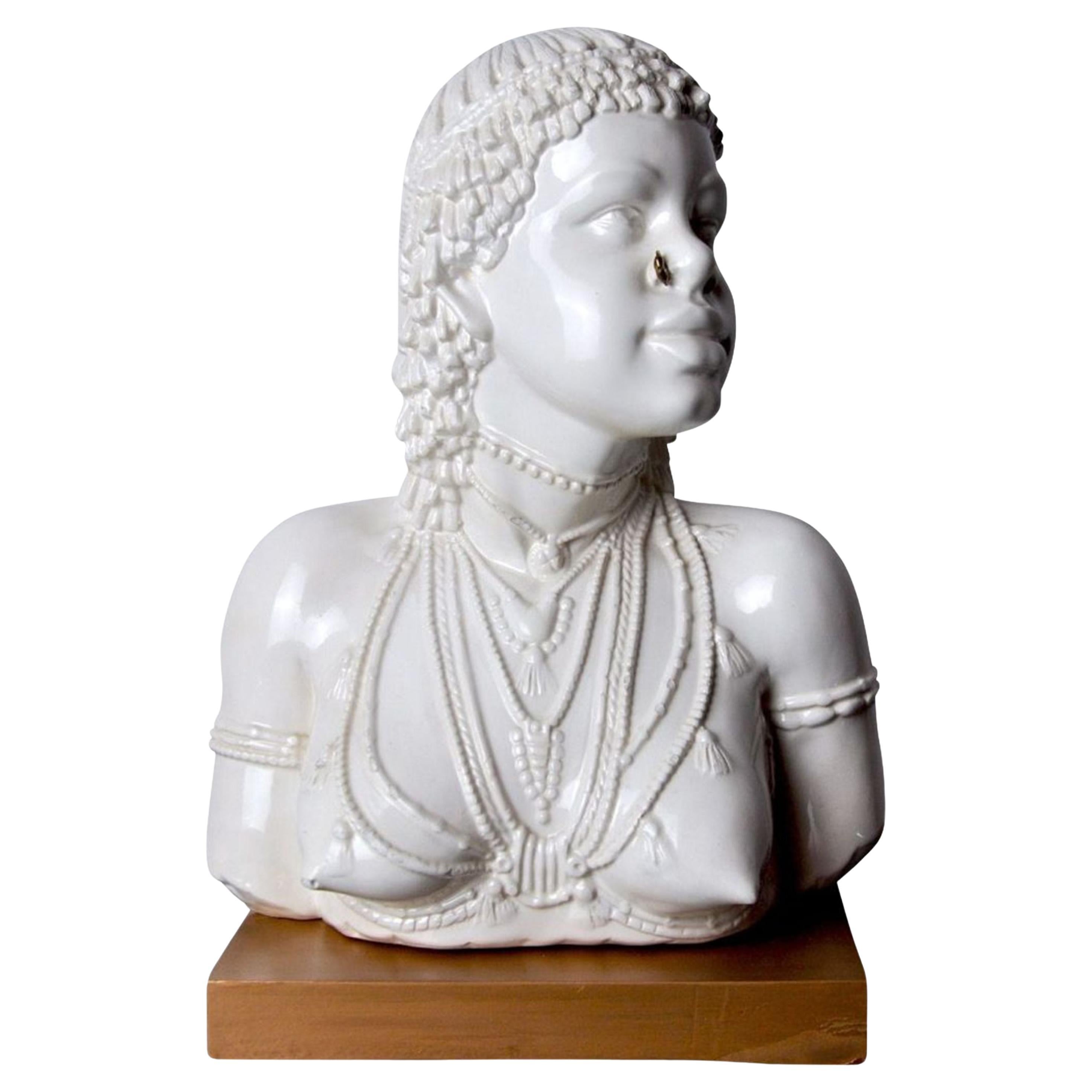 Vintage Sculpture of a White Ceramic Aboriginal Woman Bust, Italy 1970