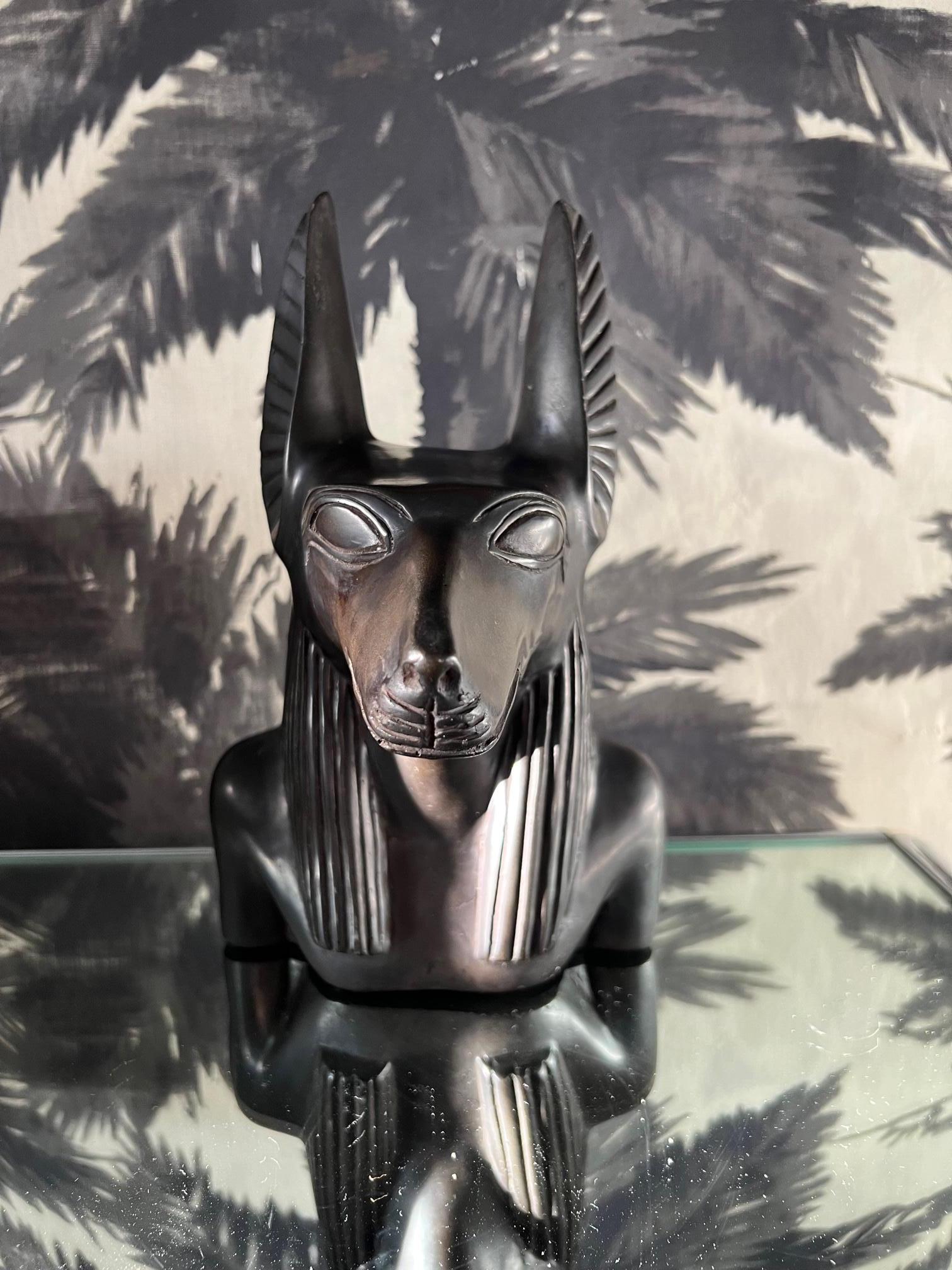 Egyptian Revival Vintage Sculpture of Egyptian God Anubis in Black Resin Marble, c. 1985