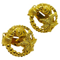 Vintage sea shell starfish gold designer runway clip on earrings