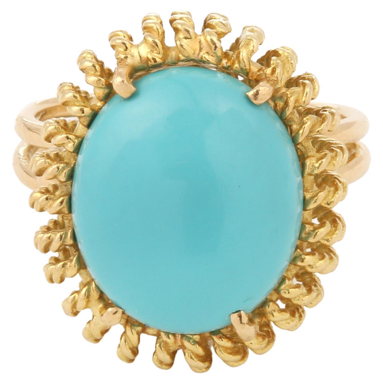 Vintage Sea Urchin Shaped Turquoise Cabochon 18 Carat Yellow Gold Ring For Sale