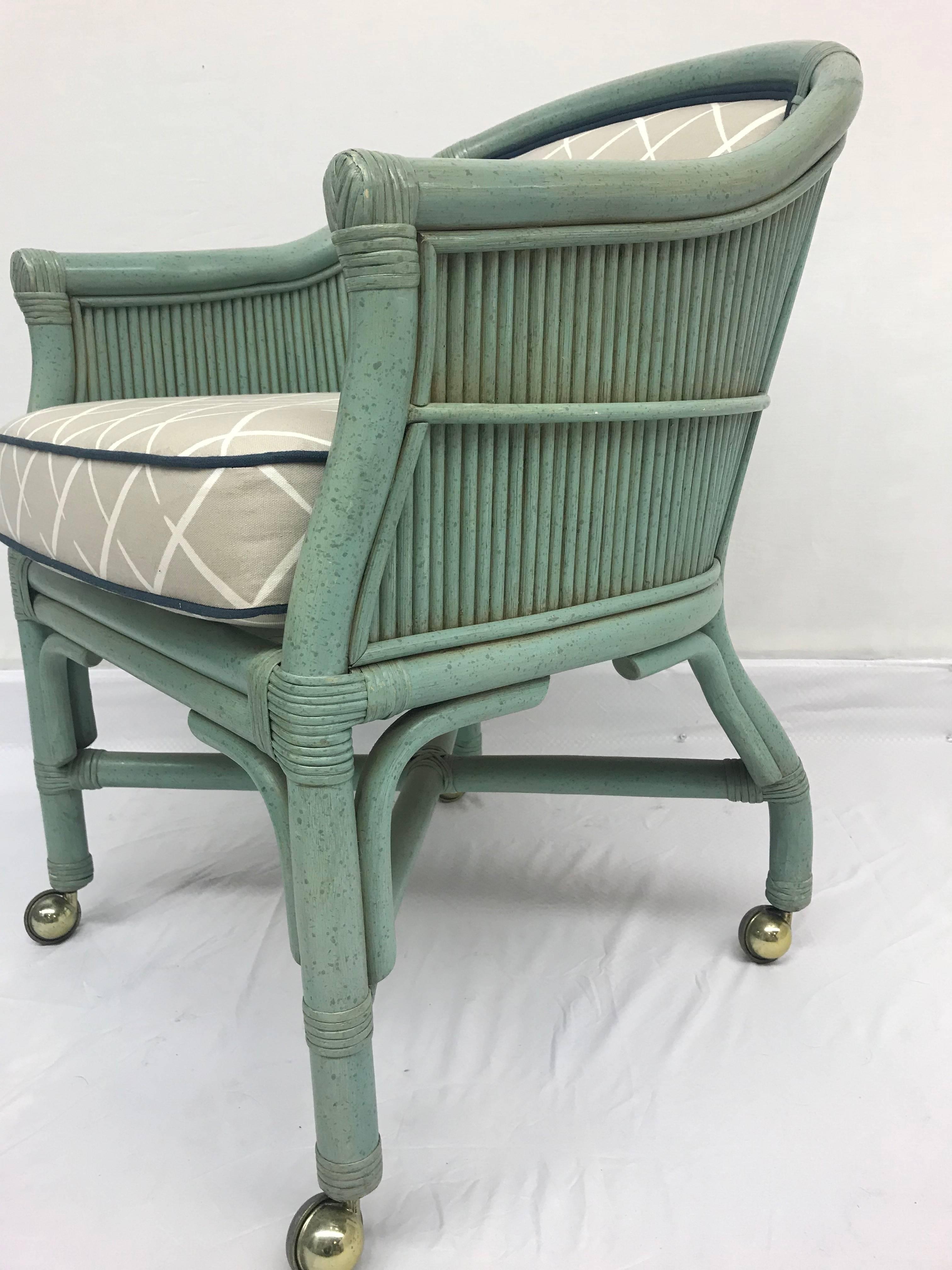 Vintage Seafoam Blue Rattan Chairs With Casters - Set of 4 For Sale 3