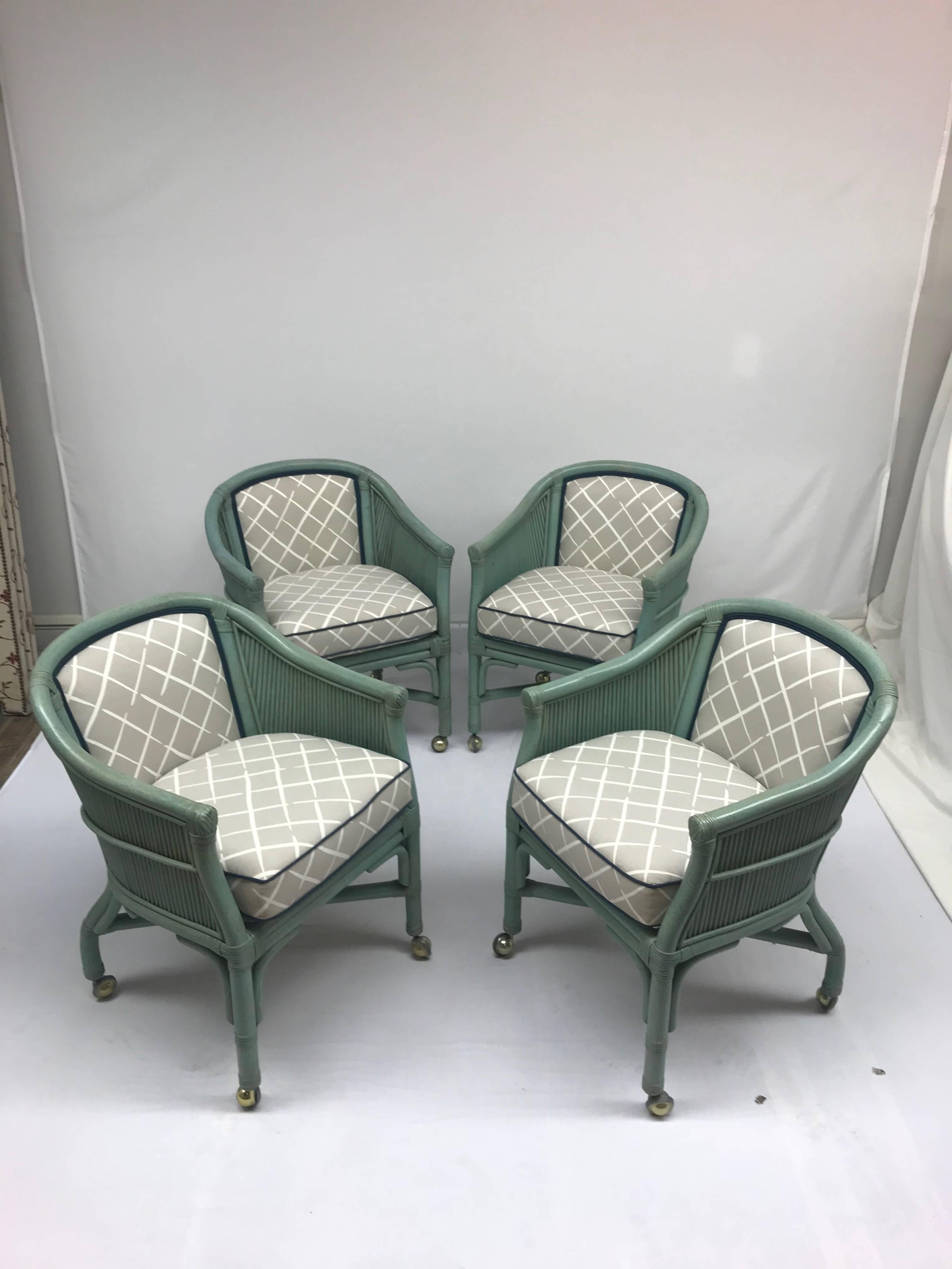 Vintage Seafoam Blue Rattan Chairs With Casters - Set of 4 For Sale 8