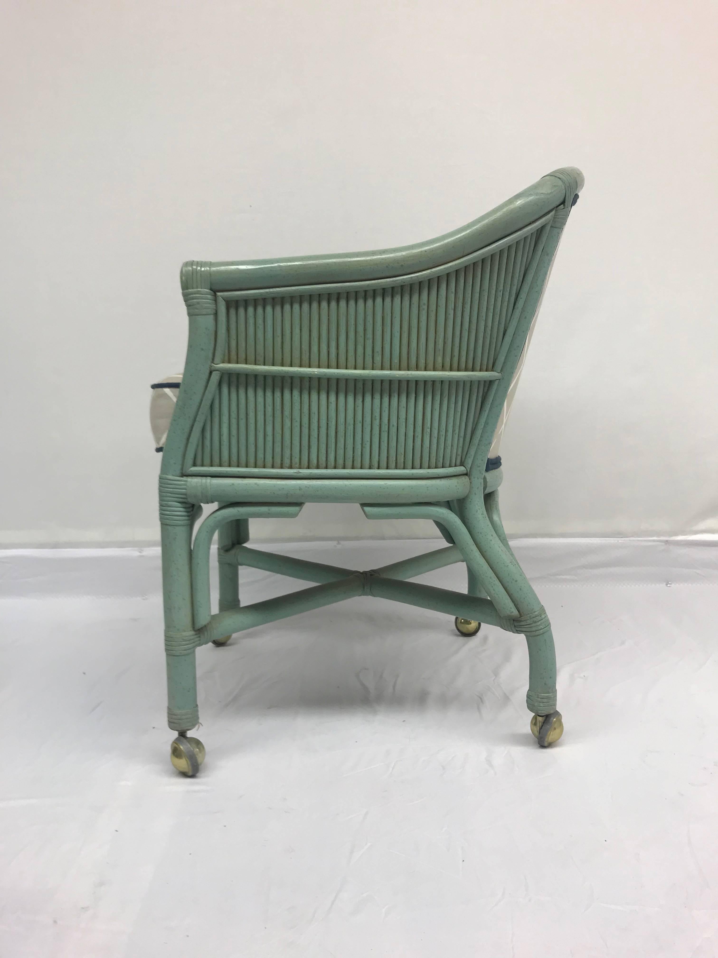 American Vintage Seafoam Blue Rattan Chairs With Casters - Set of 4 For Sale