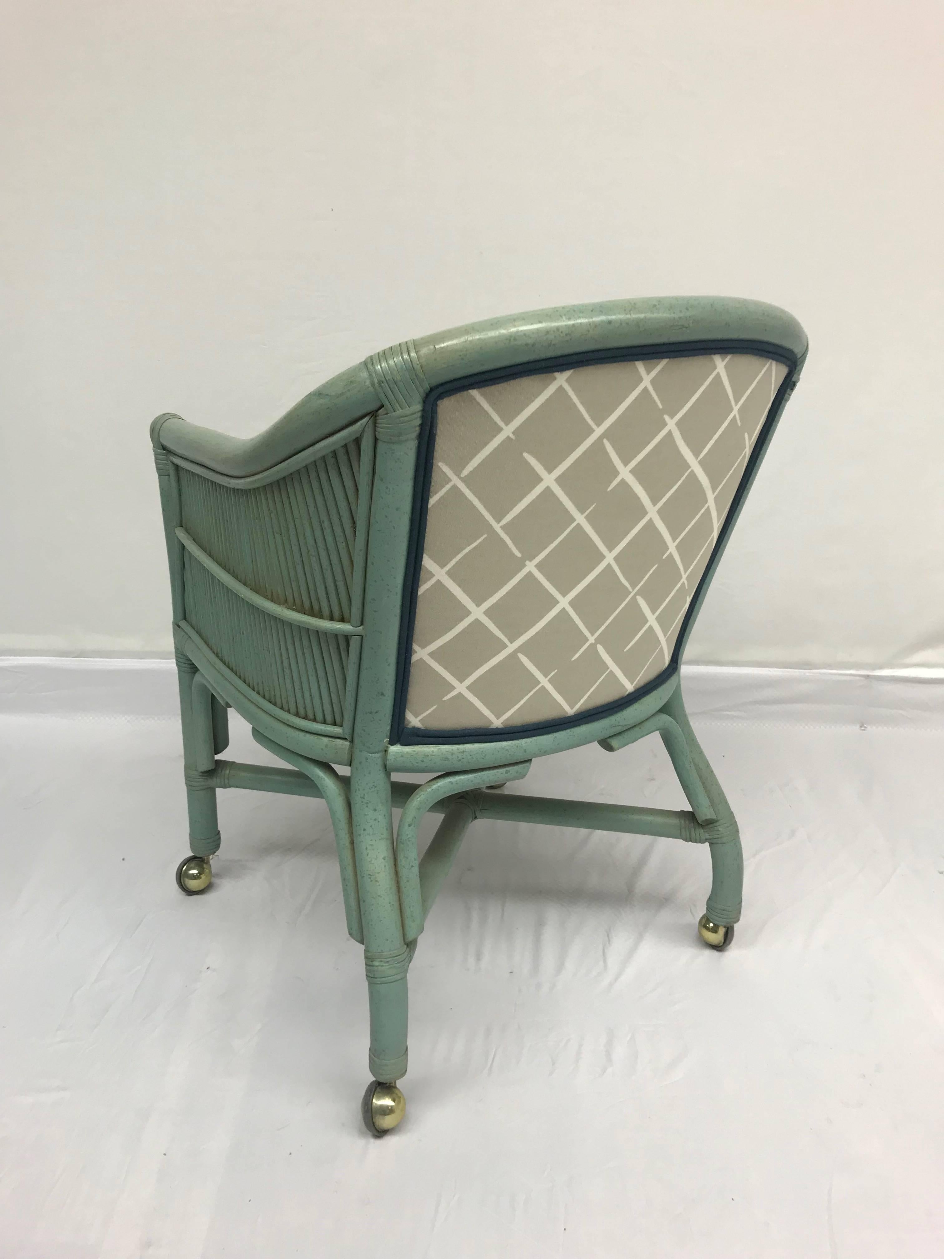 Painted Vintage Seafoam Blue Rattan Chairs With Casters - Set of 4 For Sale