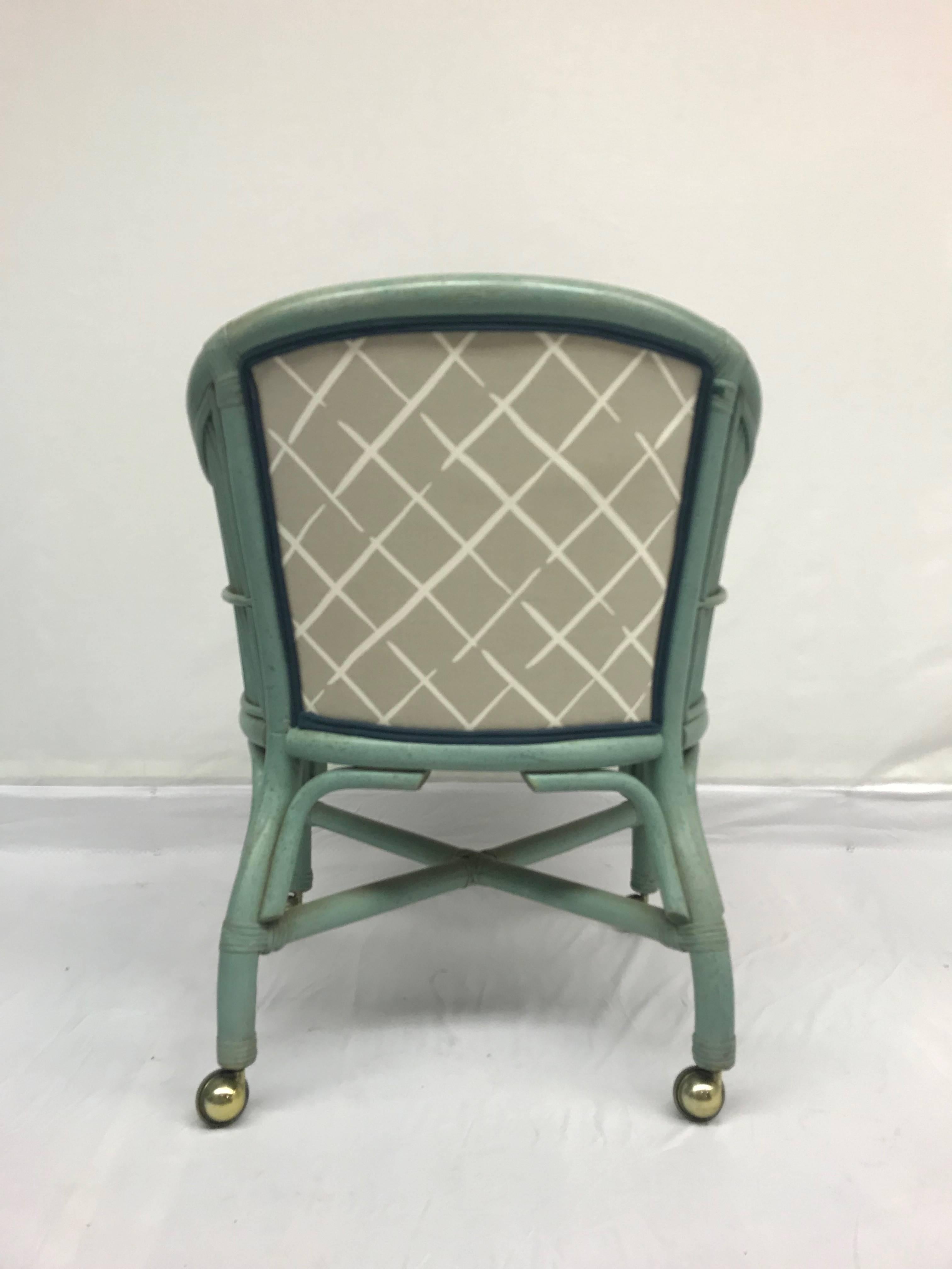 Vintage Seafoam Blue Rattan Chairs With Casters - Set of 4 In Good Condition For Sale In High Point, NC
