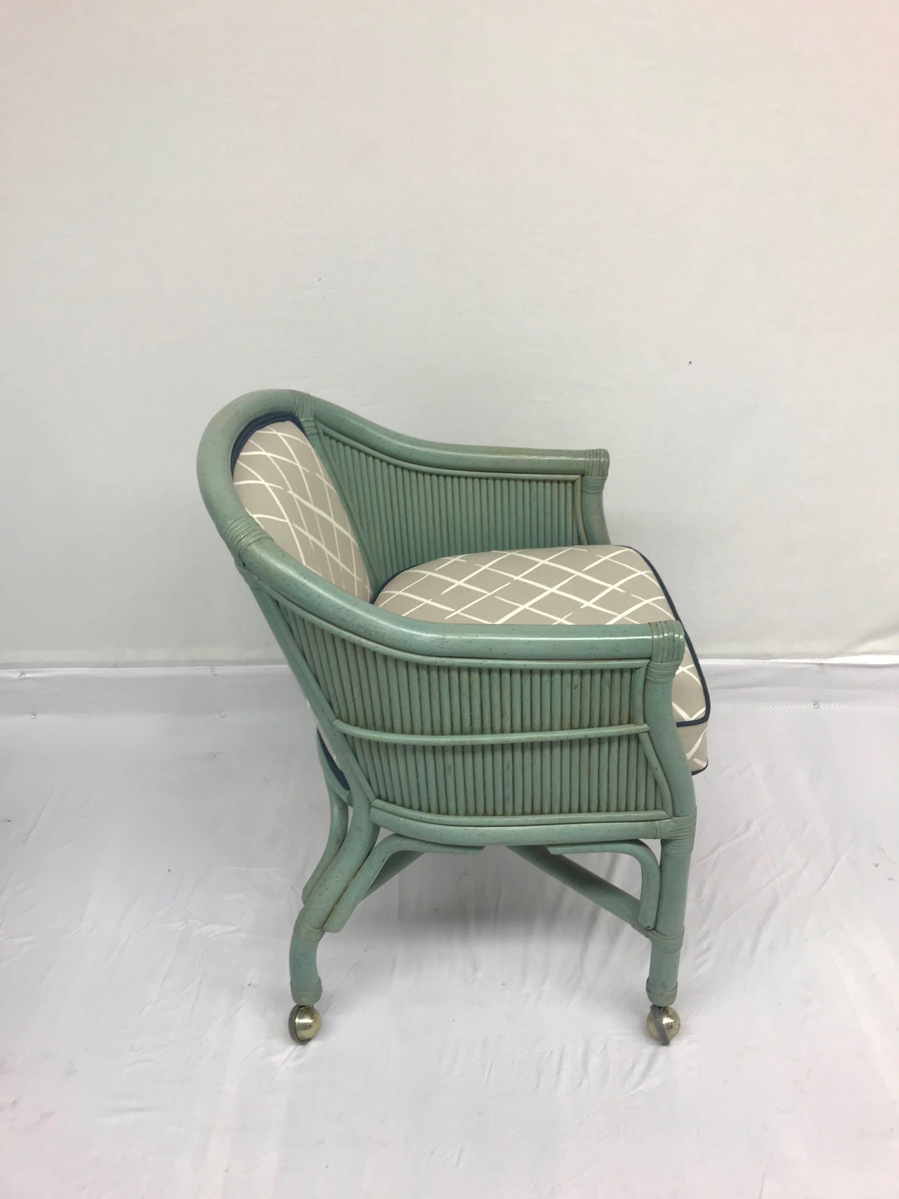 20th Century Vintage Seafoam Blue Rattan Chairs With Casters - Set of 4 For Sale