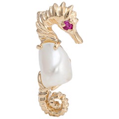 Vintage Seahorse Brooch Pink 14 Karat Gold Baroque Pearl Ruby Eye Marine Sea