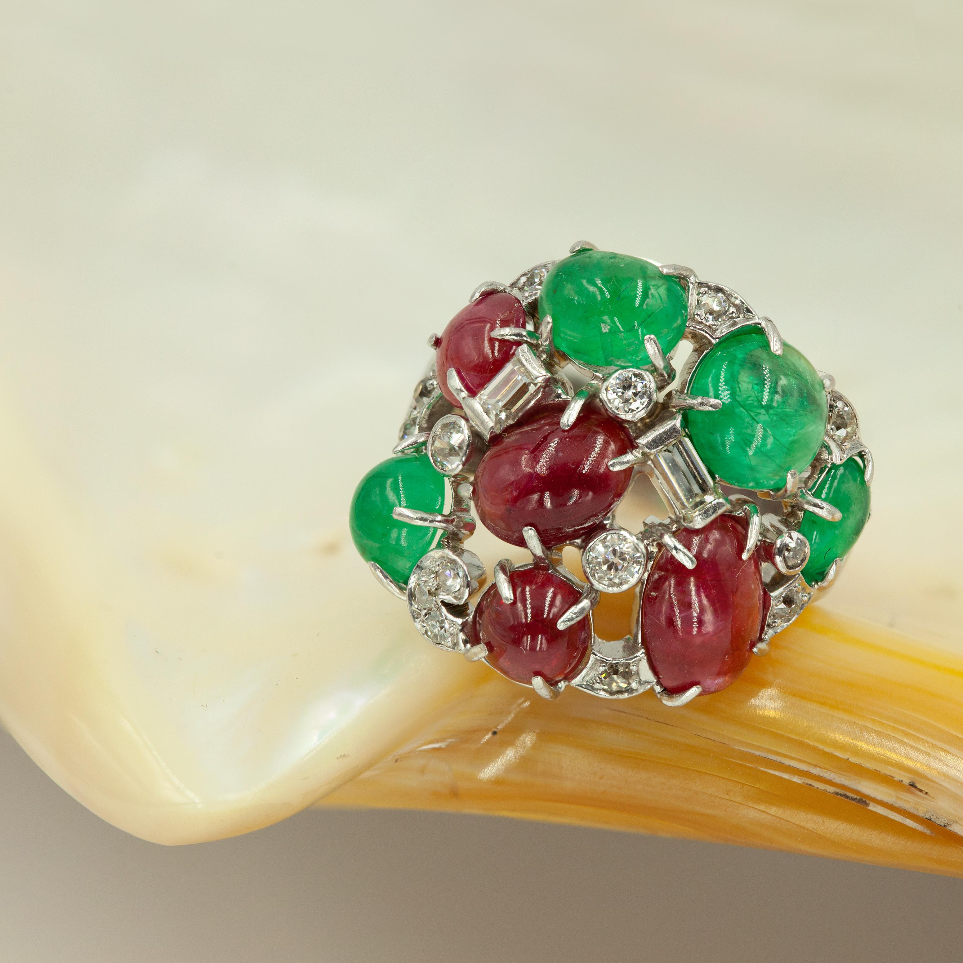 Vintage Seaman Schepps 14K WG diamond ruby  and emerald ring set with 16 brilliant cut diamonds 4 cabochon cut rubies & 4 cabochon cut emeralds
Accent ring top is curved for a perfect fit

Ring Size: 7.5

Approximate Weight:
Gross ~ 9.5