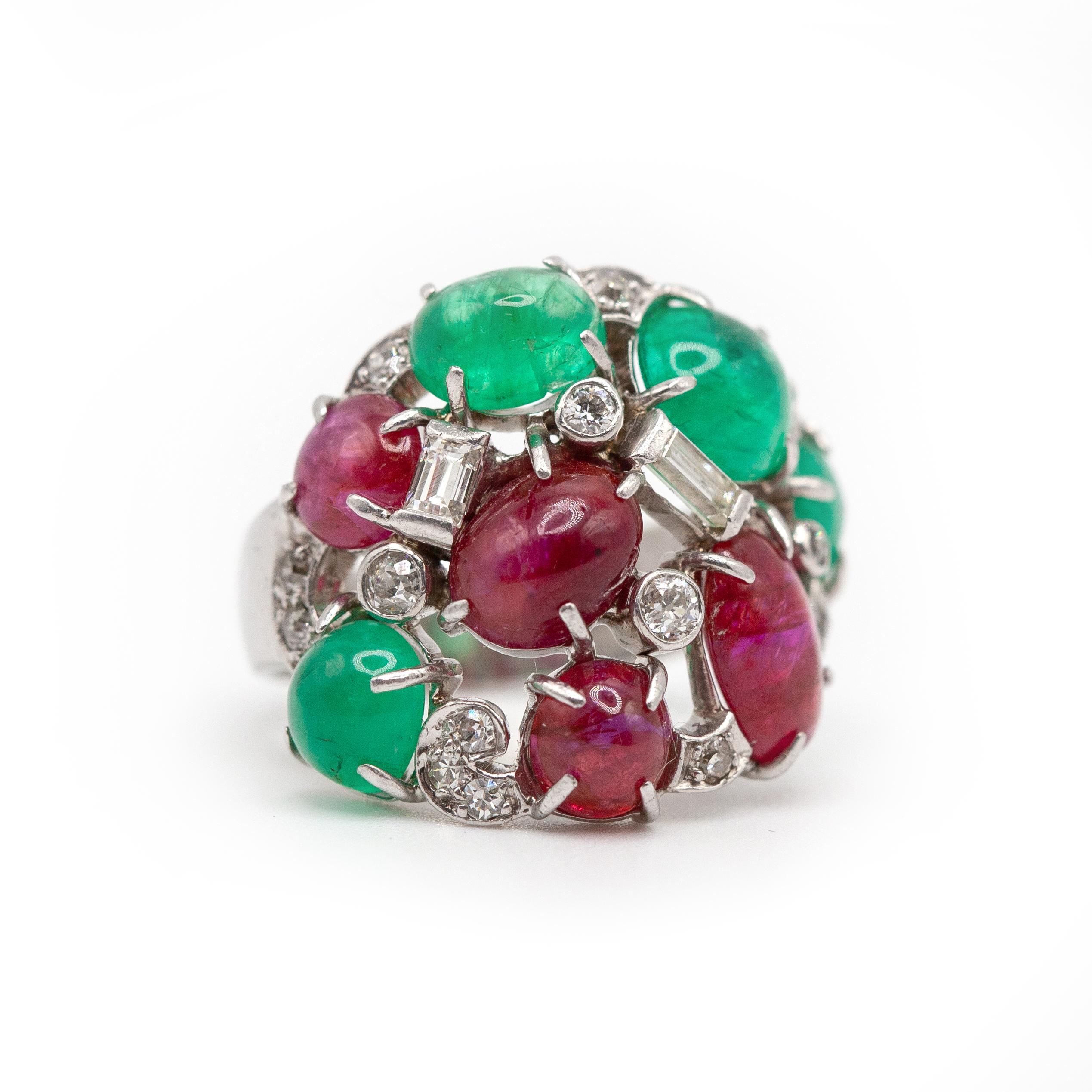 Modern Seaman Schepps 14K White Gold Diamond Cabochon Ruby Emerald Ring For Sale