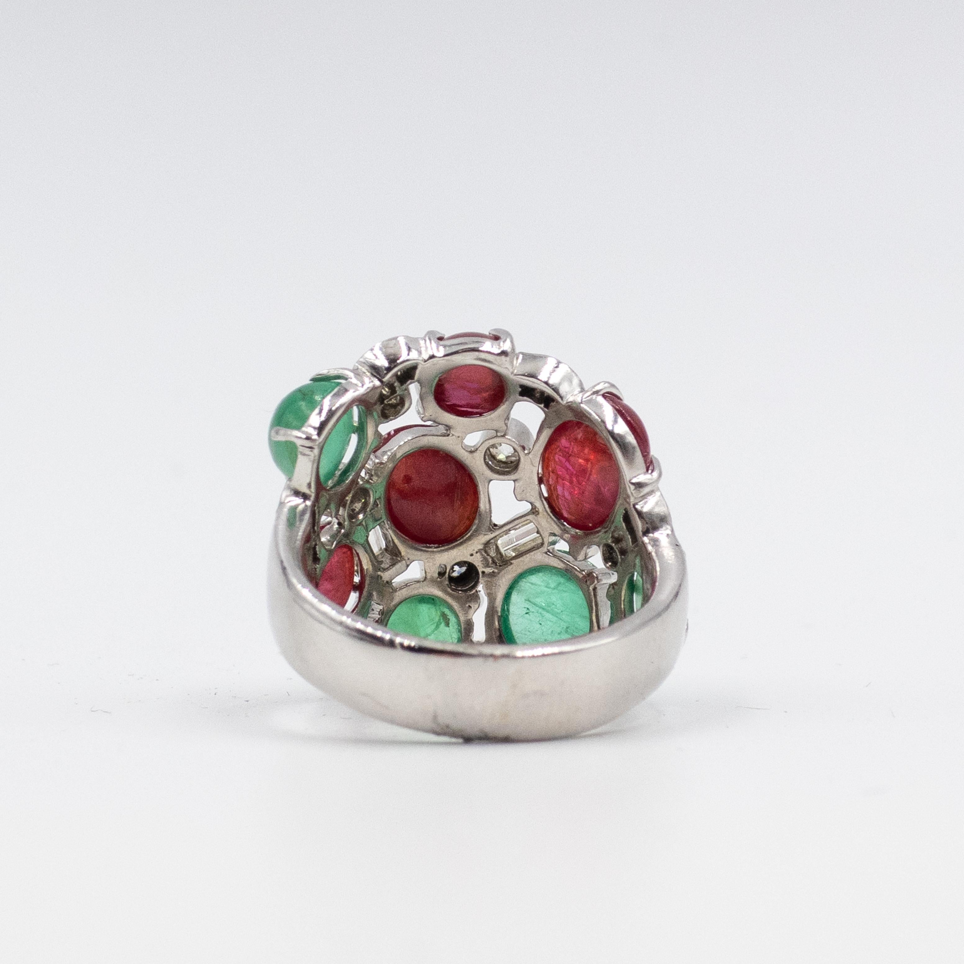 Brilliant Cut Seaman Schepps 14K White Gold Diamond Cabochon Ruby Emerald Ring For Sale