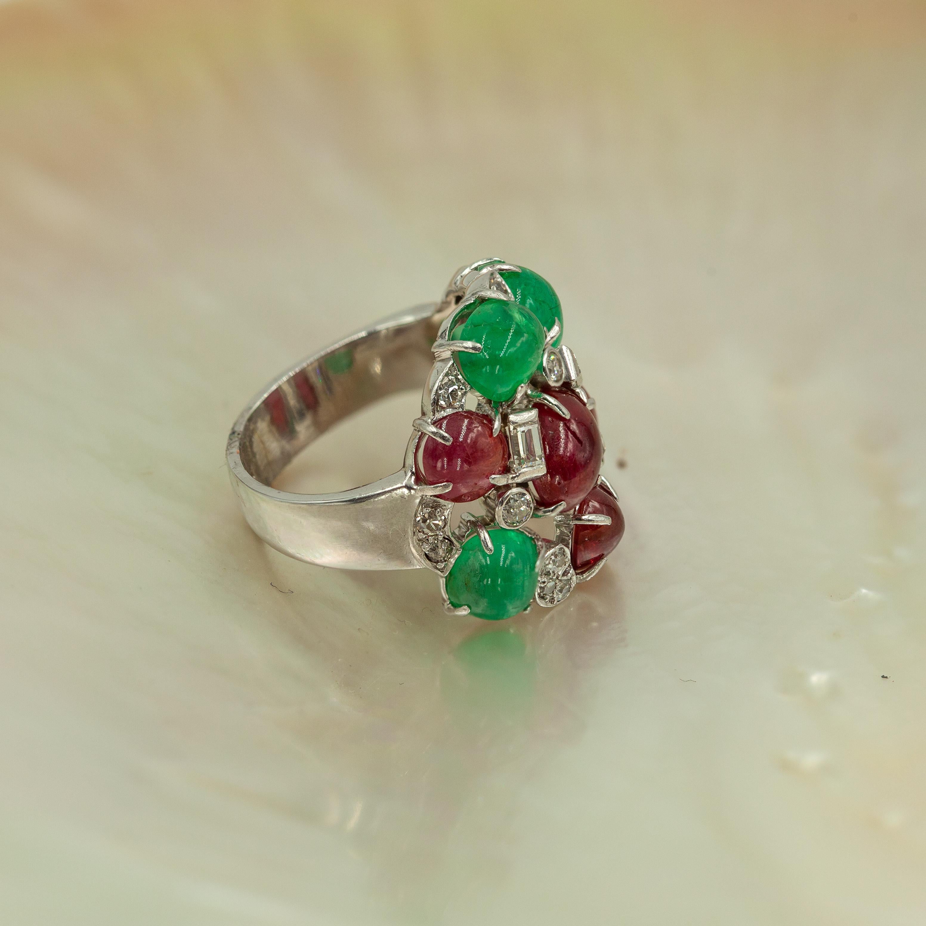 Women's Seaman Schepps 14K White Gold Diamond Cabochon Ruby Emerald Ring For Sale