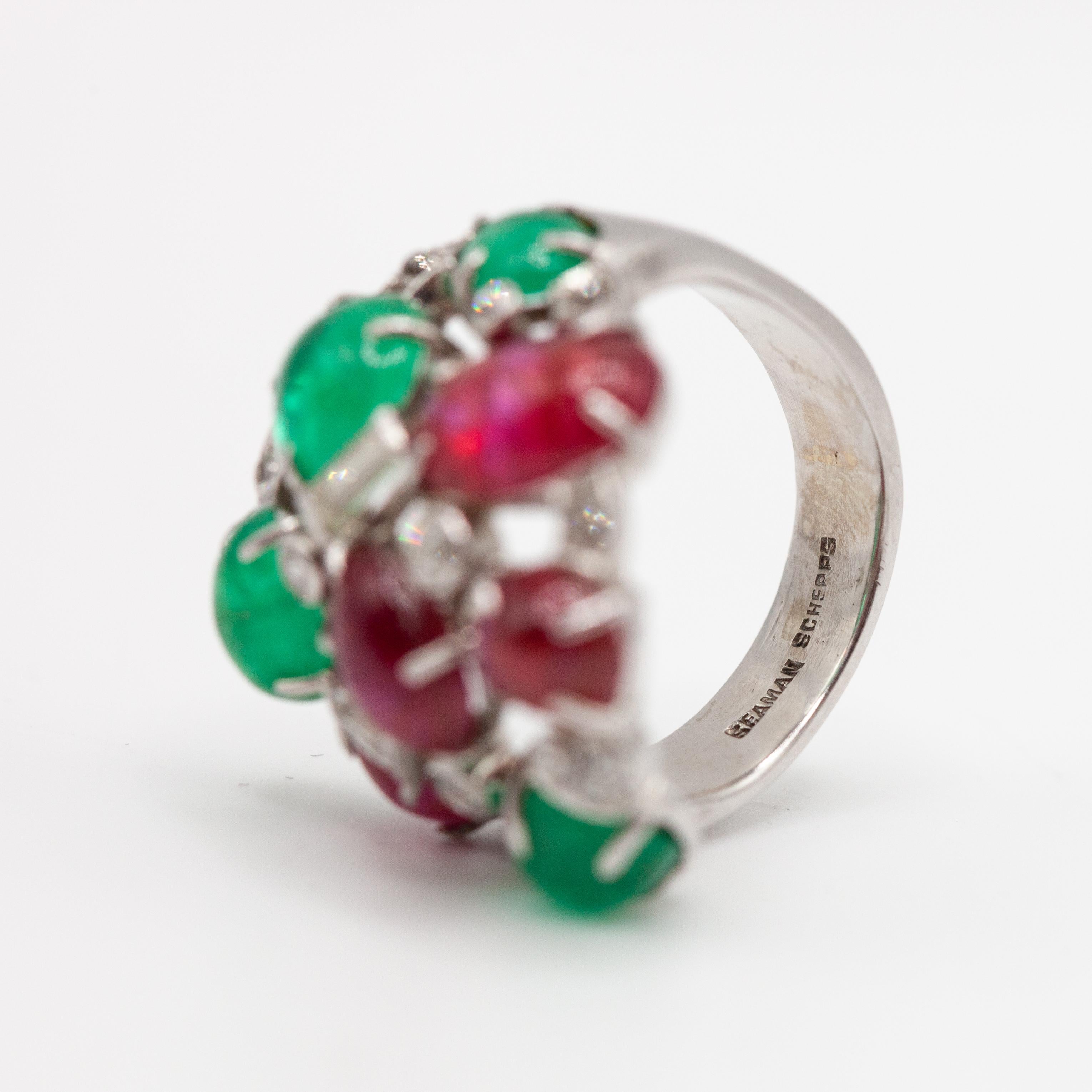 Seaman Schepps 14K White Gold Diamond Cabochon Ruby Emerald Ring For Sale 1