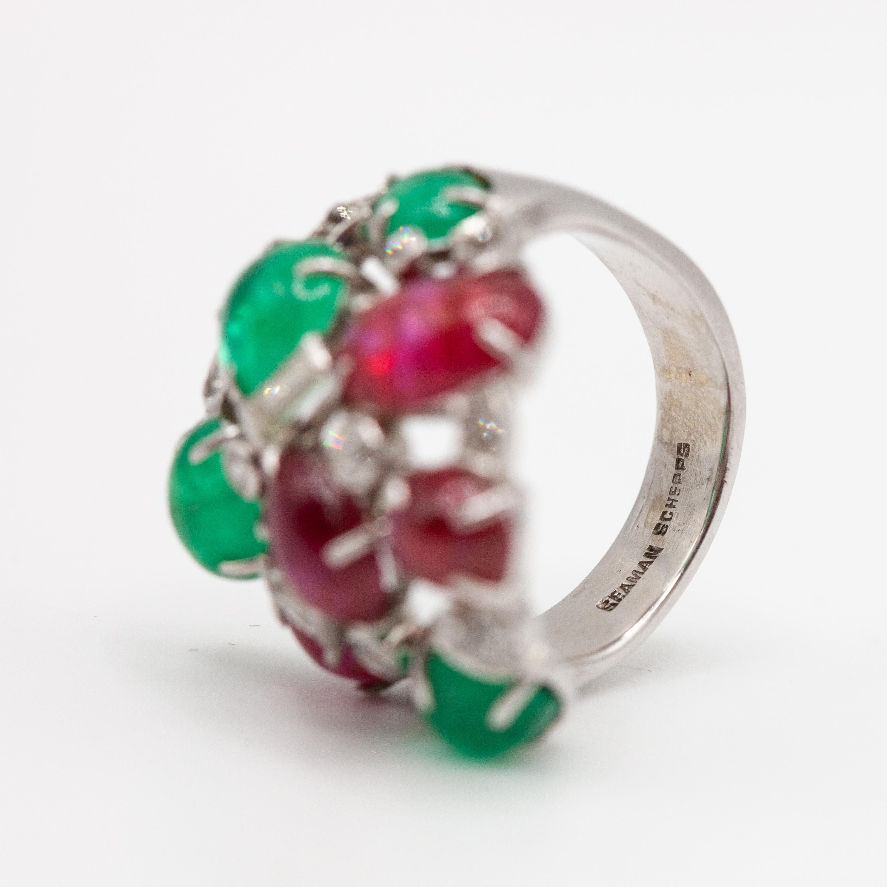 Seaman Schepps 14K White Gold Diamond Cabochon Ruby Emerald Ring For Sale 2
