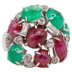Seaman Schepps Bague en or blanc 14 carats avec diamants, cabochons de rubis et émeraudes