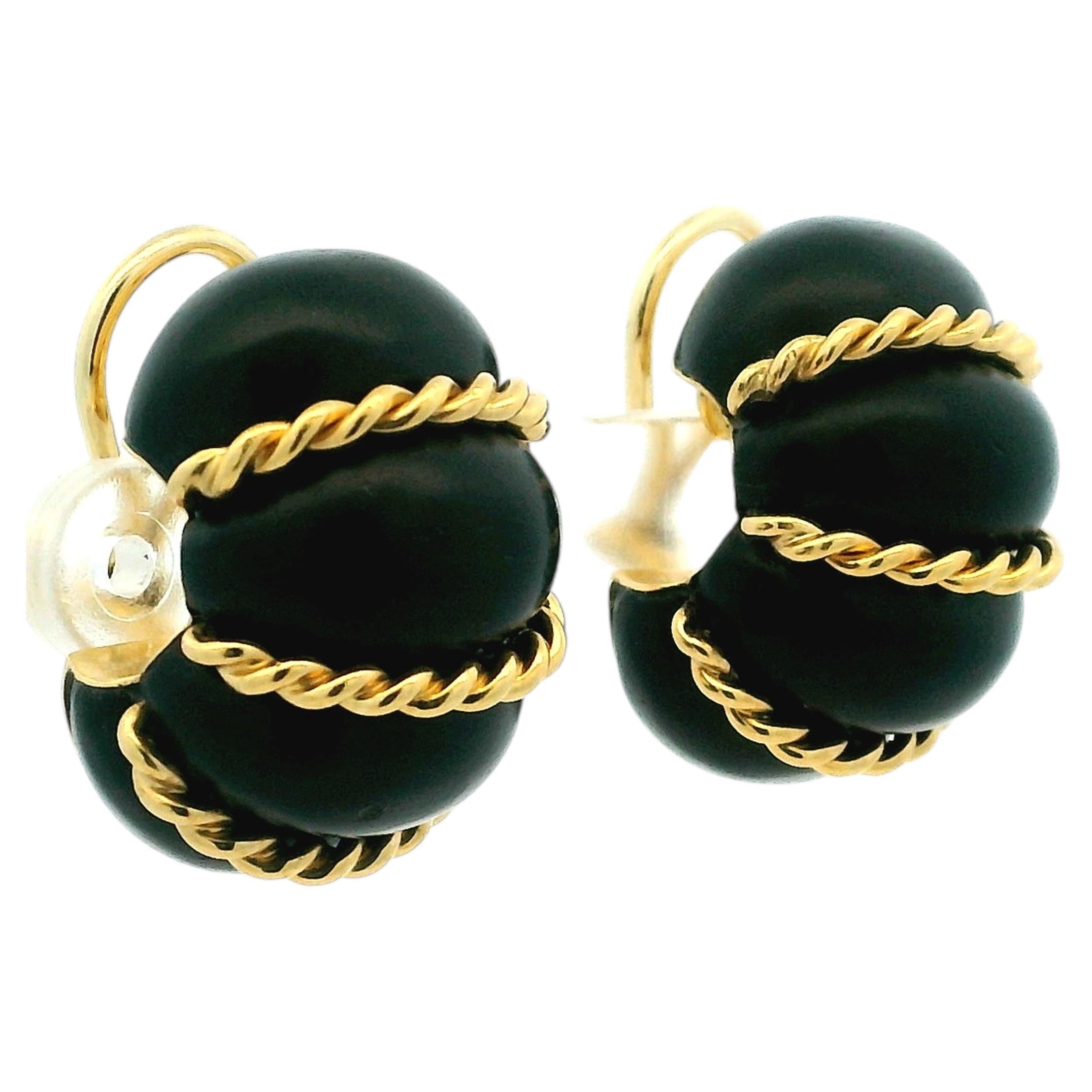 Pendientes vintage Seaman Schepps de oro de 18 quilates con motivo de cuerda de madera tallada