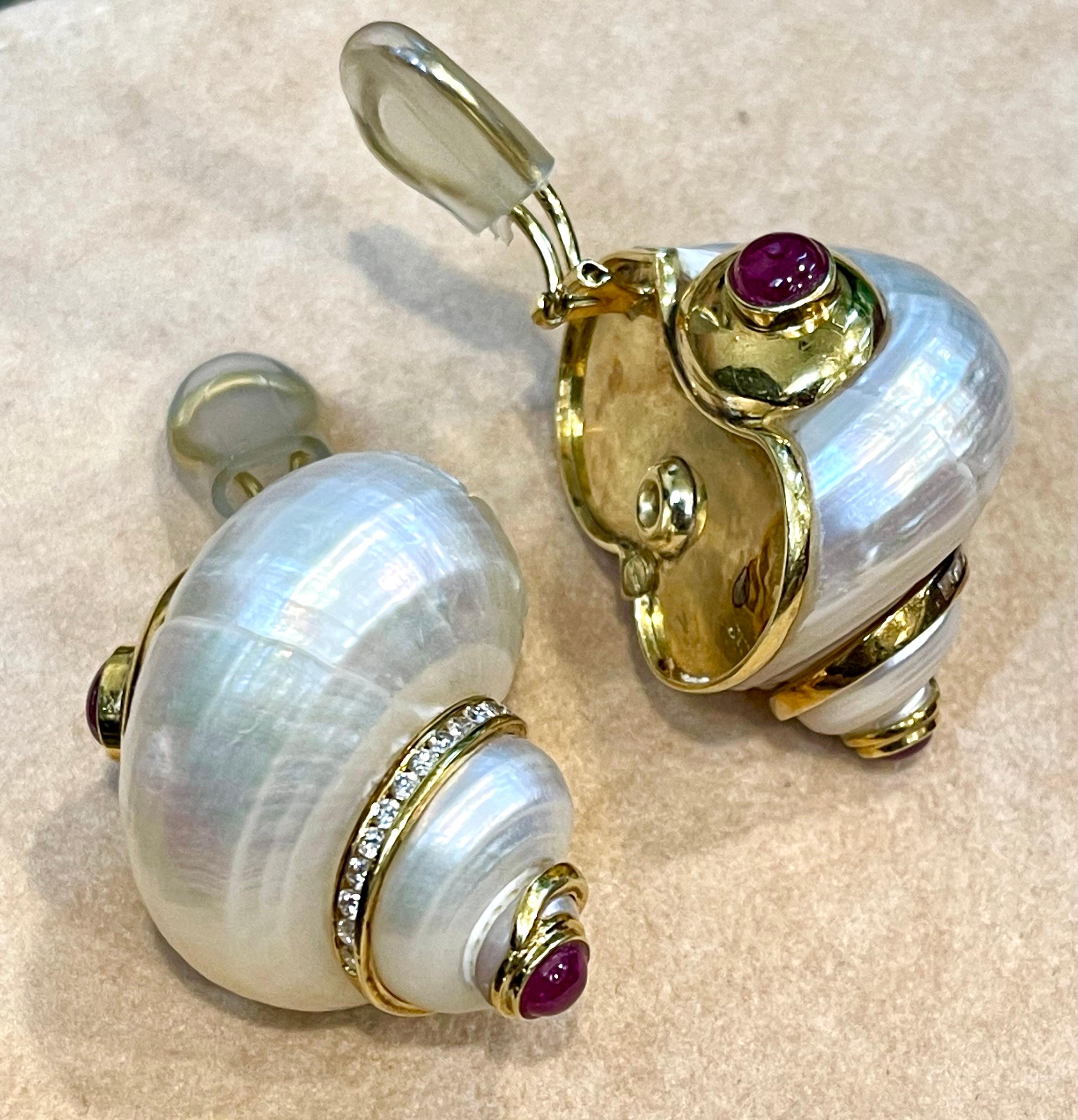 Vintage Seaman Schepps 18KT Gold Turbo Shell Diamond Ruby Earrings Extra Large 4