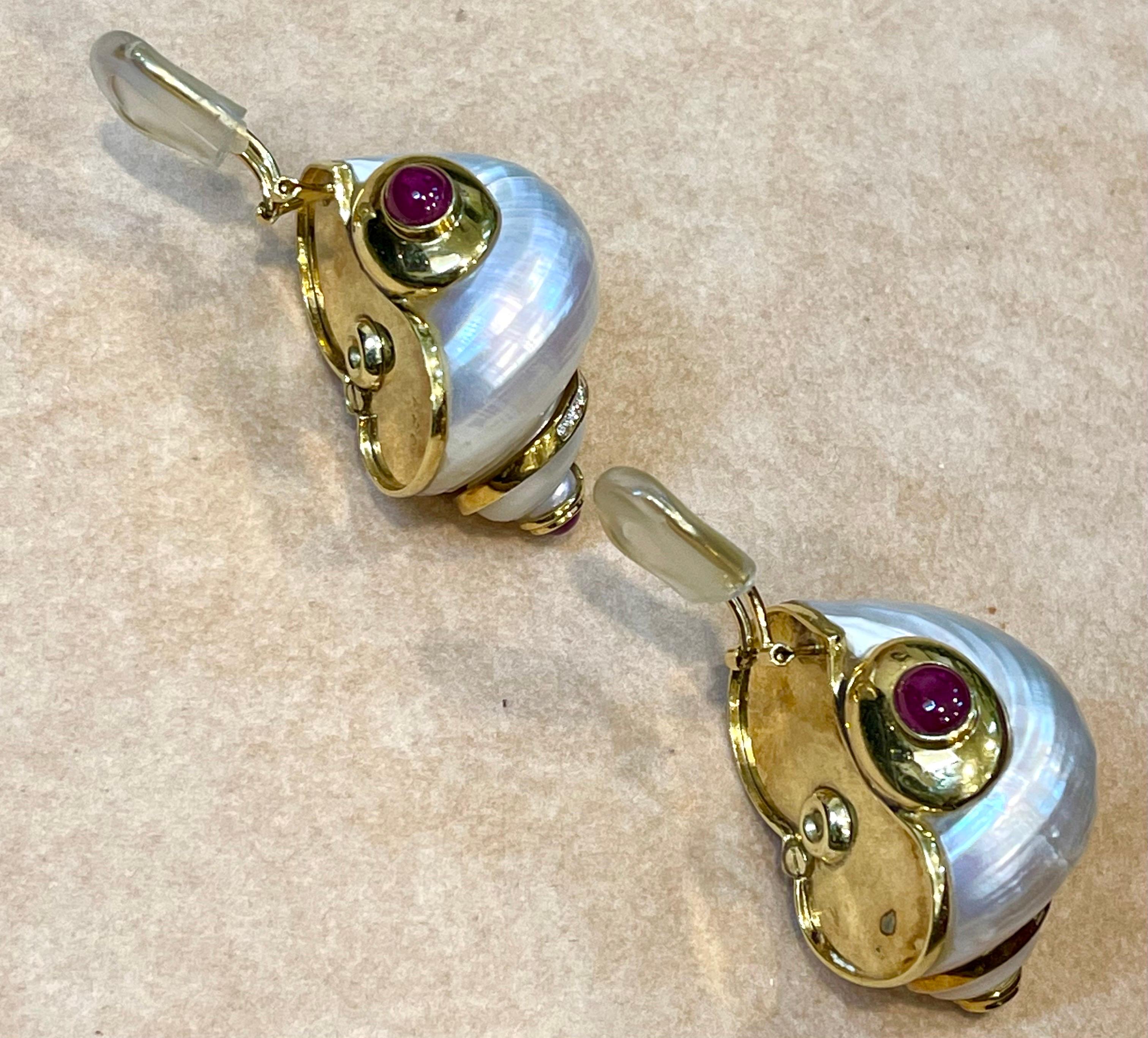 Vintage Seaman Schepps 18KT Gold Turbo Shell Diamond Ruby Earrings Extra Large 5