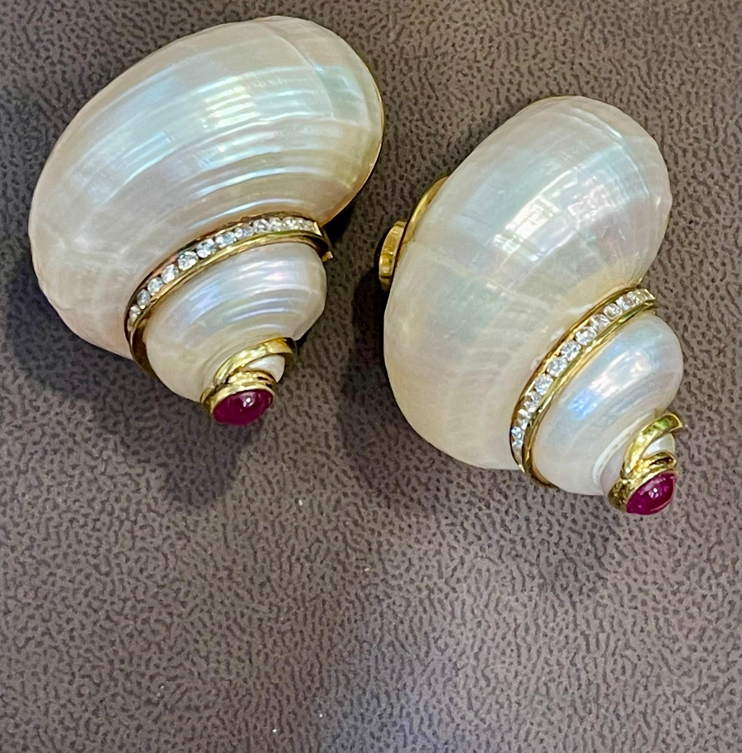 Uncut Vintage Seaman Schepps 18KT Gold Turbo Shell Diamond Ruby Earrings Extra Large