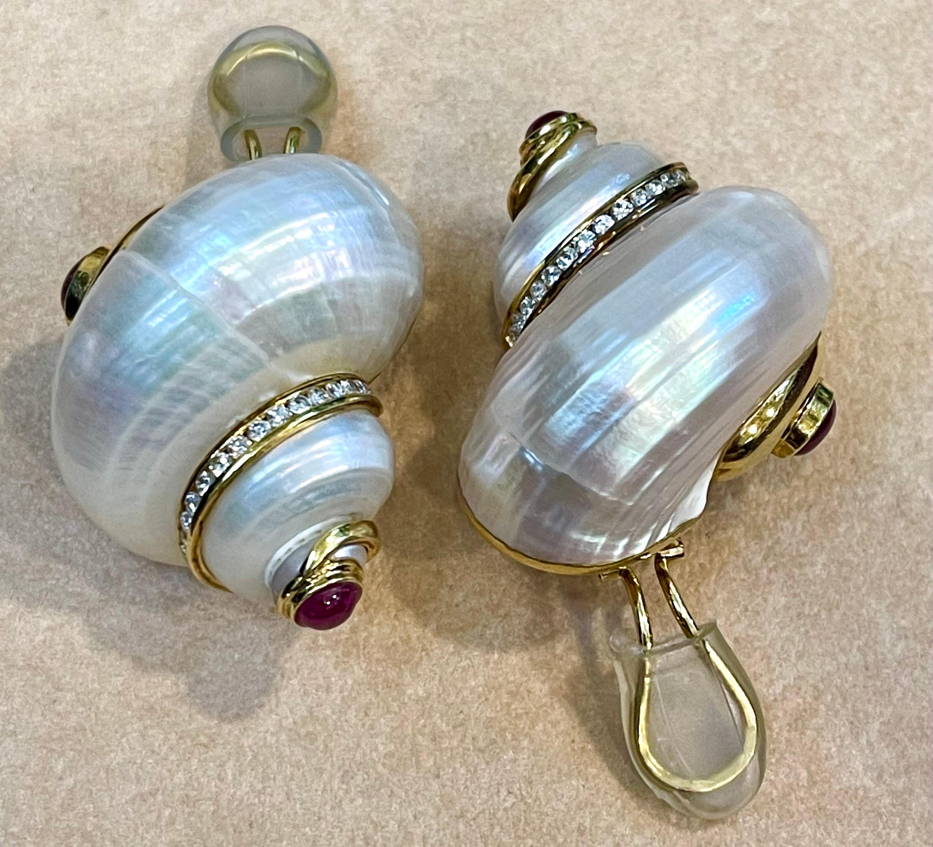 Vintage Seaman Schepps 18KT Gold Turbo Shell Diamond Ruby Earrings Extra Large 3
