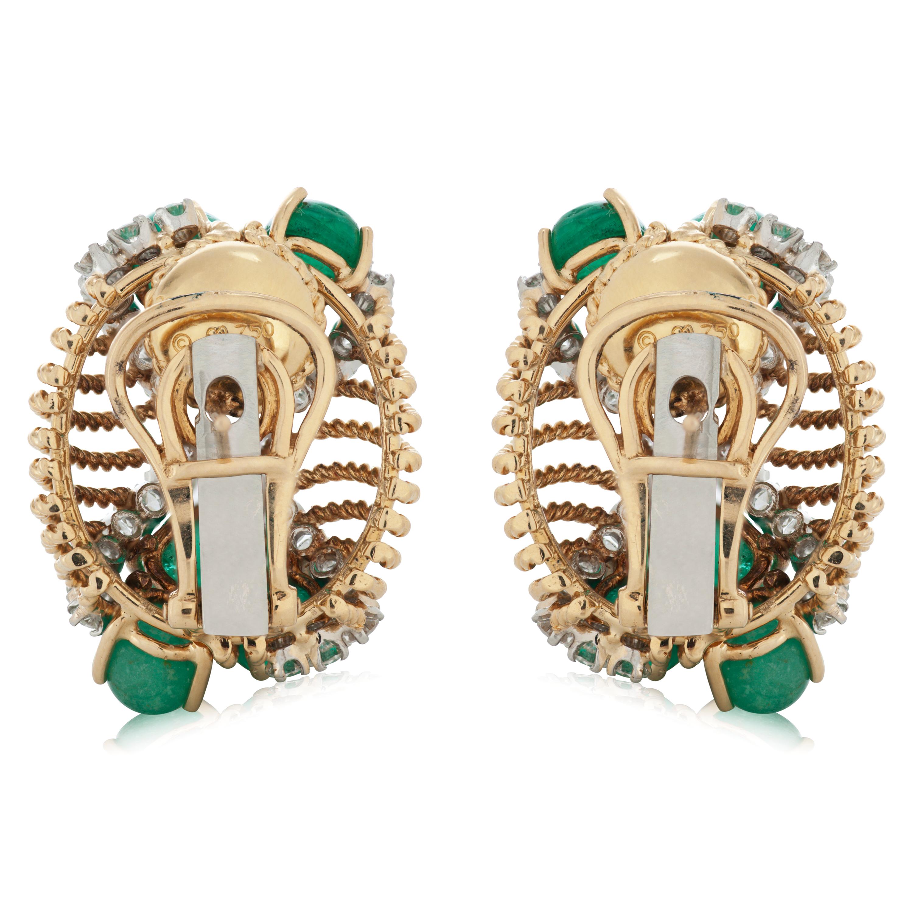 Women's Vintage Seaman Schepps Cabochon Emerald and Diamond Earrings in 18k Yellow Gold