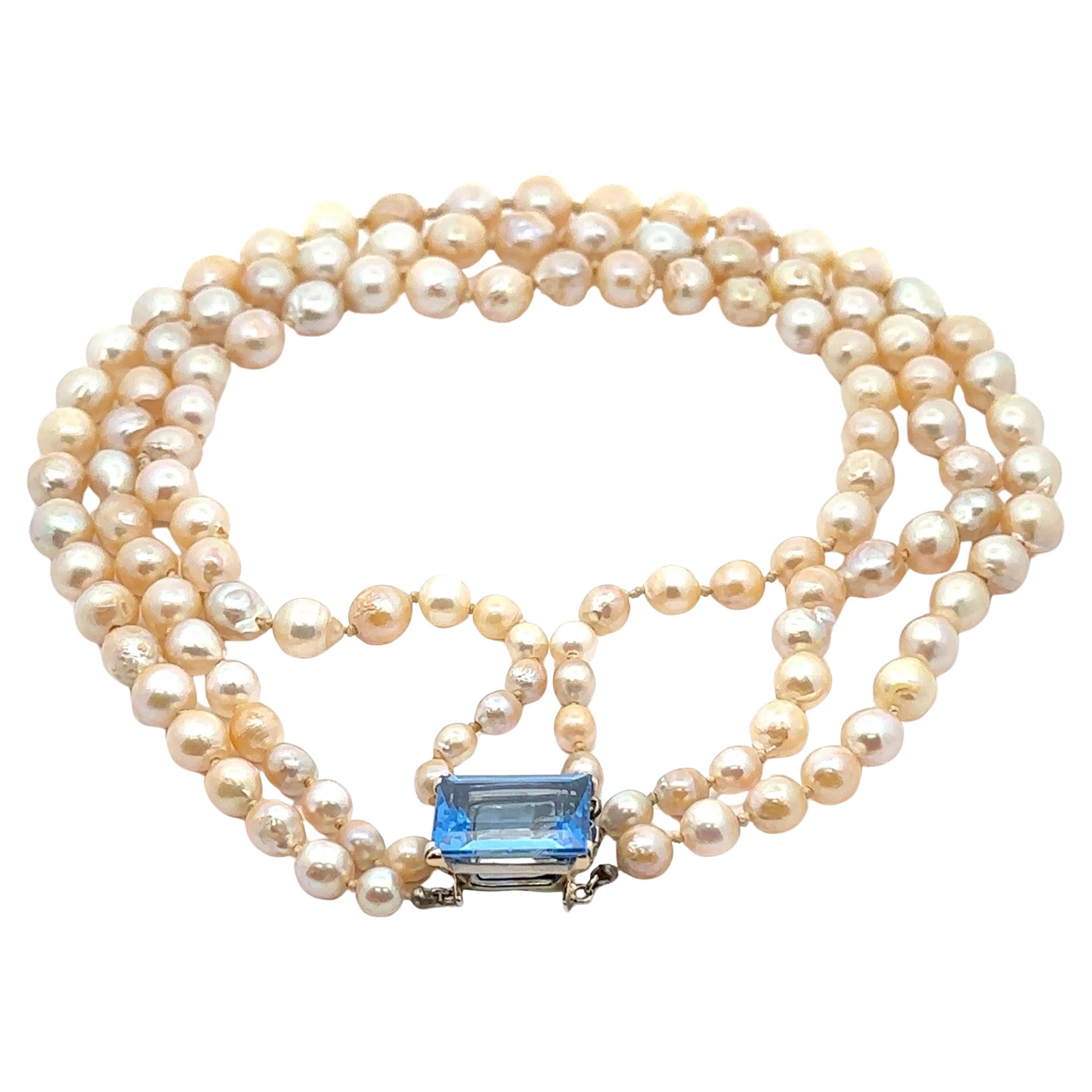 Vintage Seaman Schepps Pearl 3 Strand Necklace w/ Blue Topaz White Gold Clasp