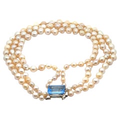 Vintage Seaman Schepps Pearl 3 Strand Necklace w/ Blue Topaz White Gold Clasp