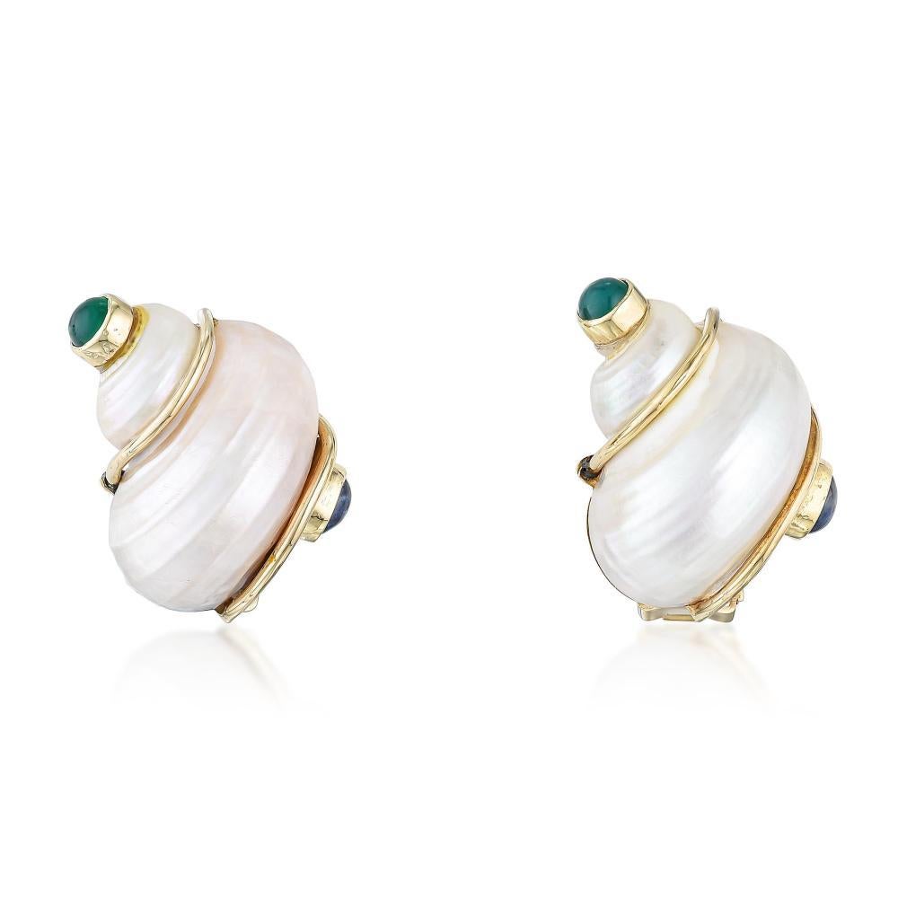 Vintage Seaman Schepps Turbo Shell Emerald Sapphire Gold Earring Mother of Pearl 1