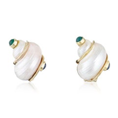 Vintage Seaman Schepps Turbo Shell Emerald Cabochon Gold Earring Mother of Pearl