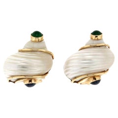Vintage Seaman Schepps Turbo Shell Emerald Cabochon Gold Earring Mother of Pearl
