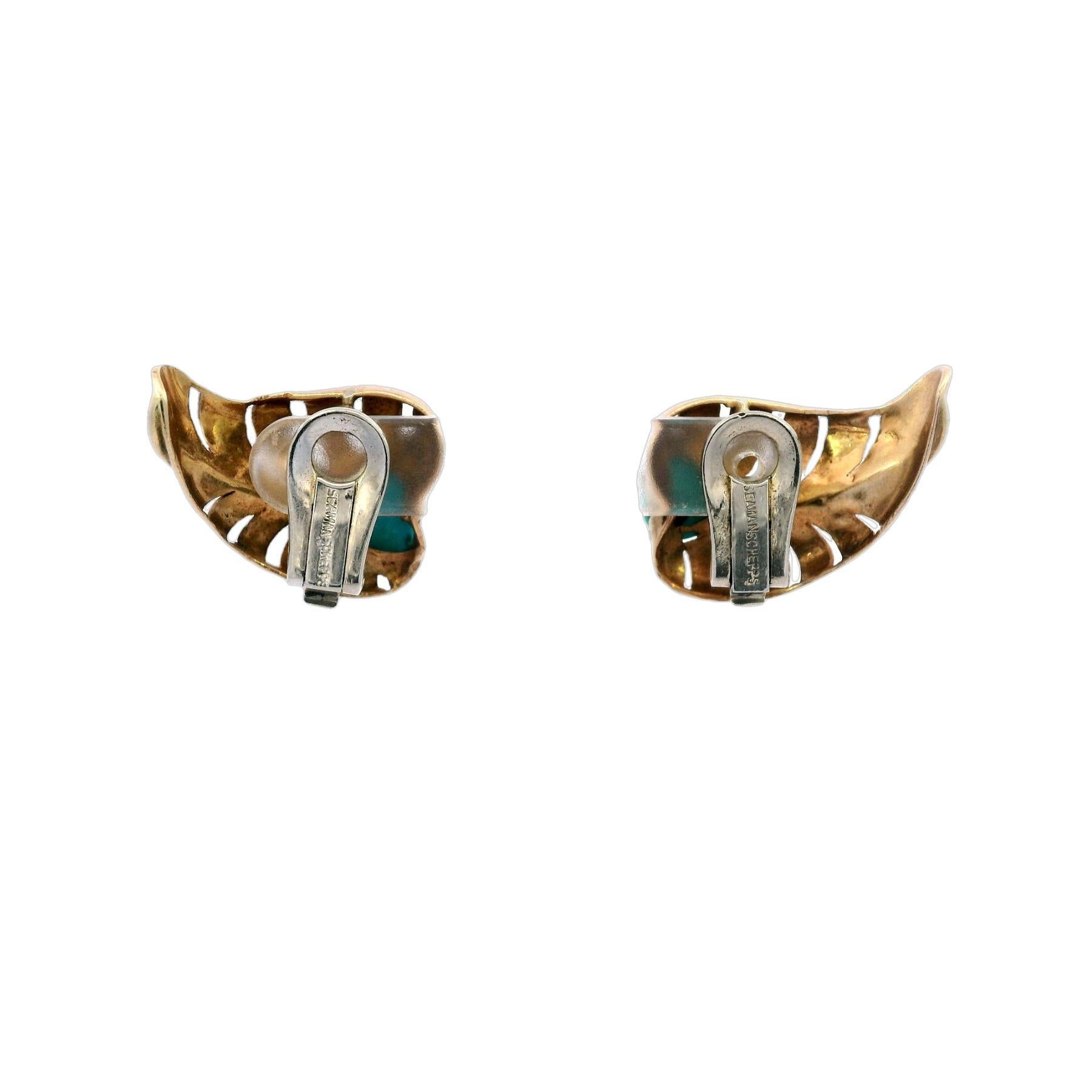 Retro Seaman Schepps Heart Leaf Motif Clip On Earrings Turquoise Centers 14 Karat Gold For Sale