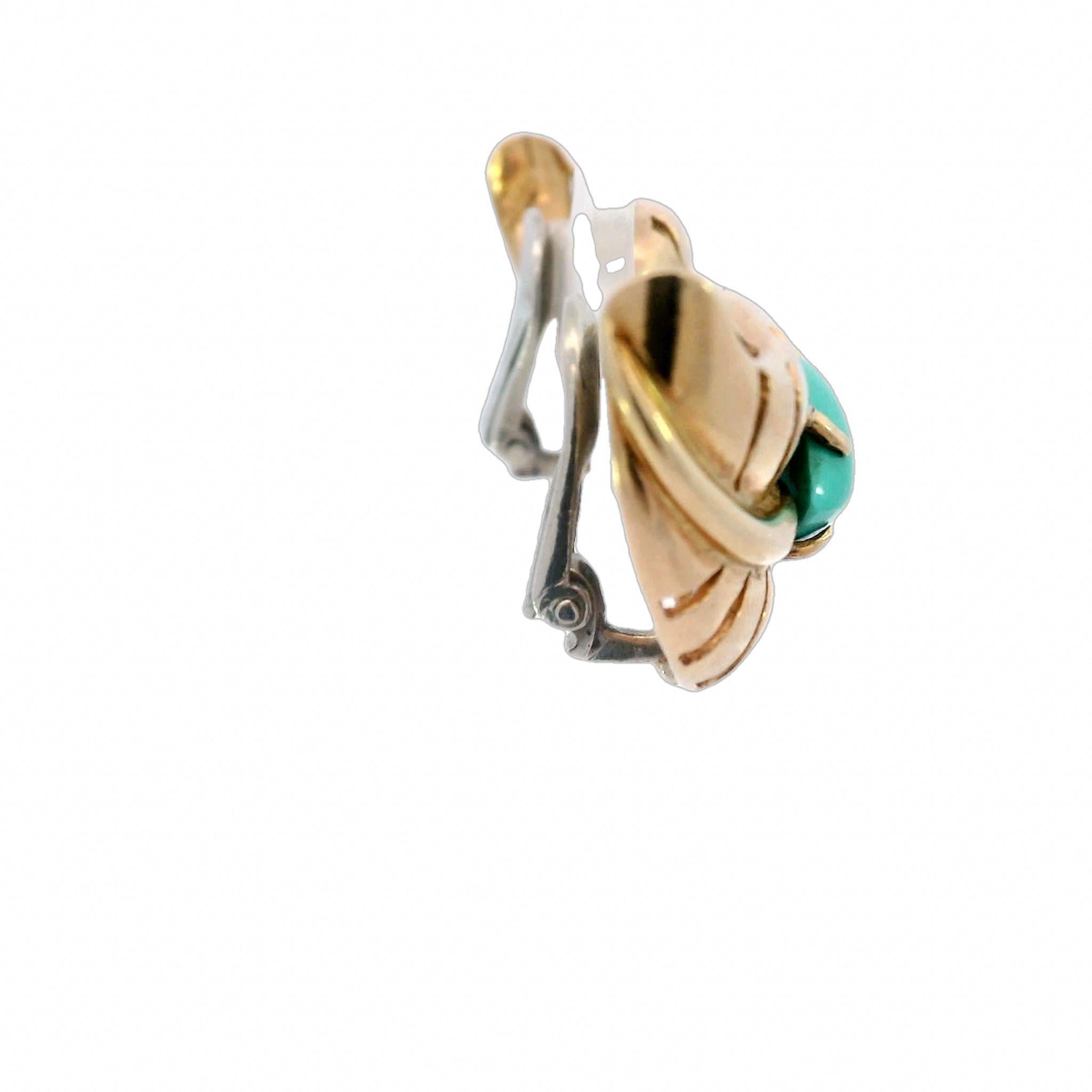 Heart Cut Seaman Schepps Heart Leaf Motif Clip On Earrings Turquoise Centers 14 Karat Gold For Sale