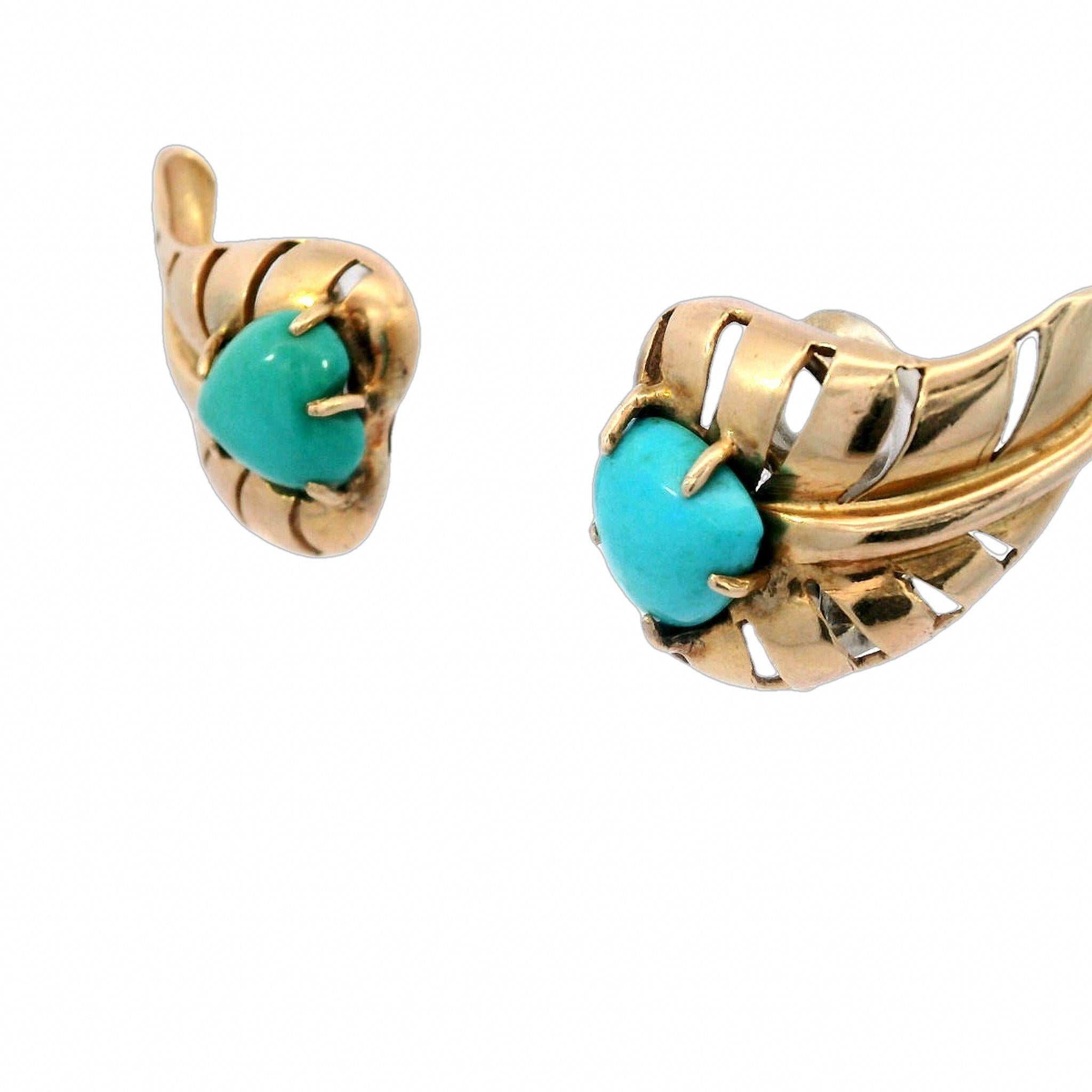 Seaman Schepps Heart Leaf Motif Clip On Earrings Turquoise Centers 14 Karat Gold In Good Condition For Sale In Fairfield, CT