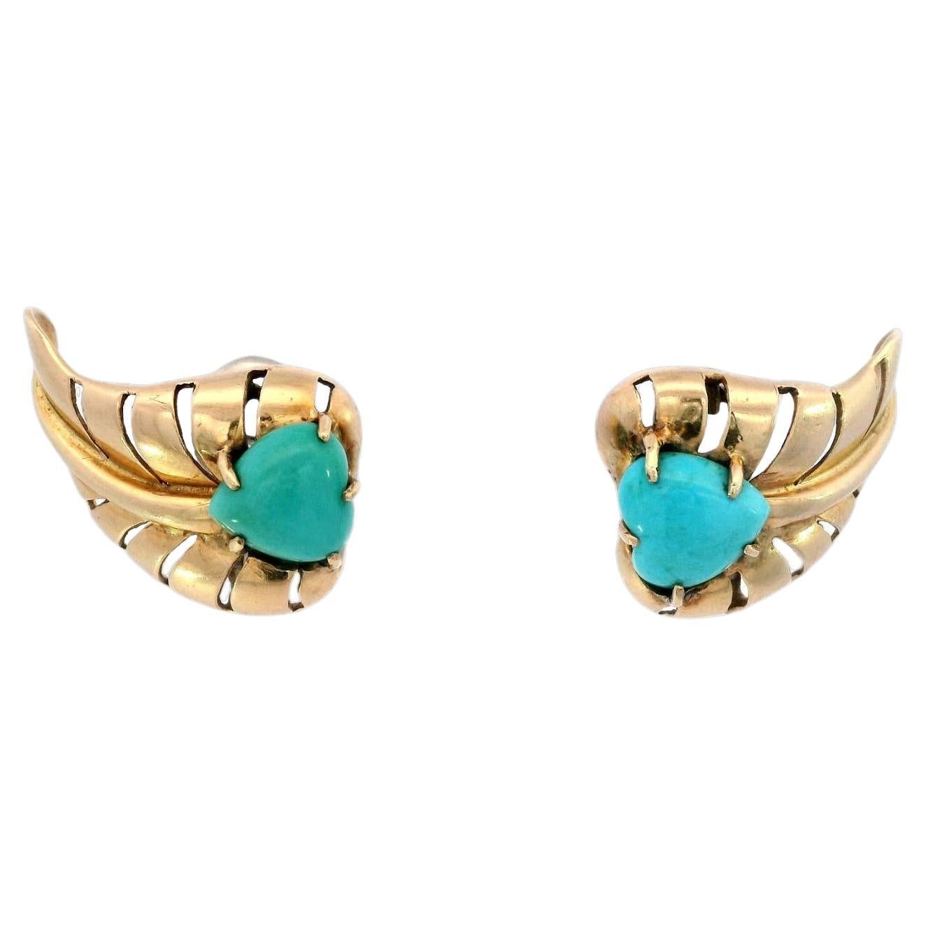 Seaman Schepps Heart Leaf Motif Clip On Earrings Turquoise Centers 14 Karat Gold For Sale