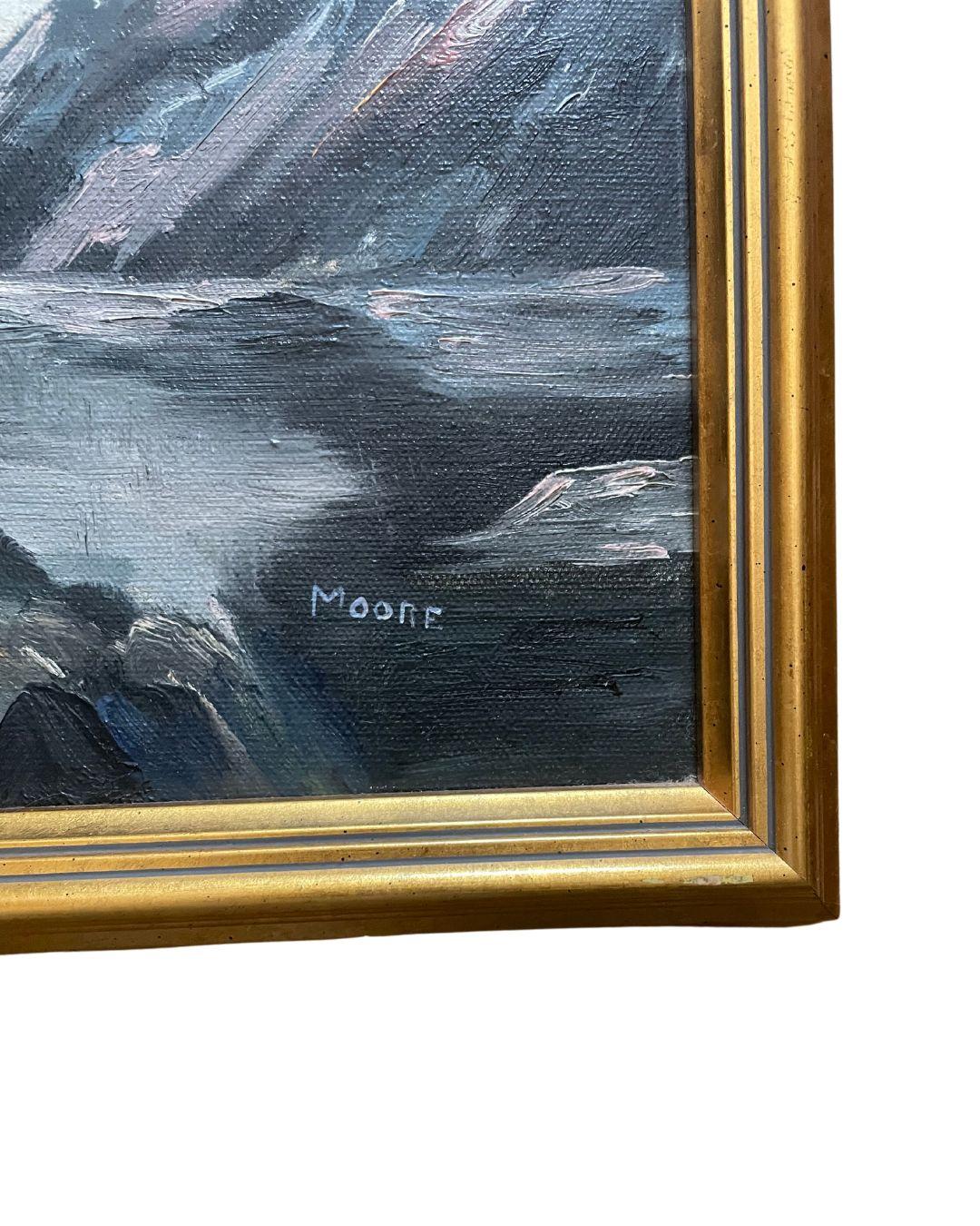 Peinture vintage de paysage marin dans un cadre en bois sculpté et doré. Signé en bas à droite : MOORE

Dimensions : 19,75 