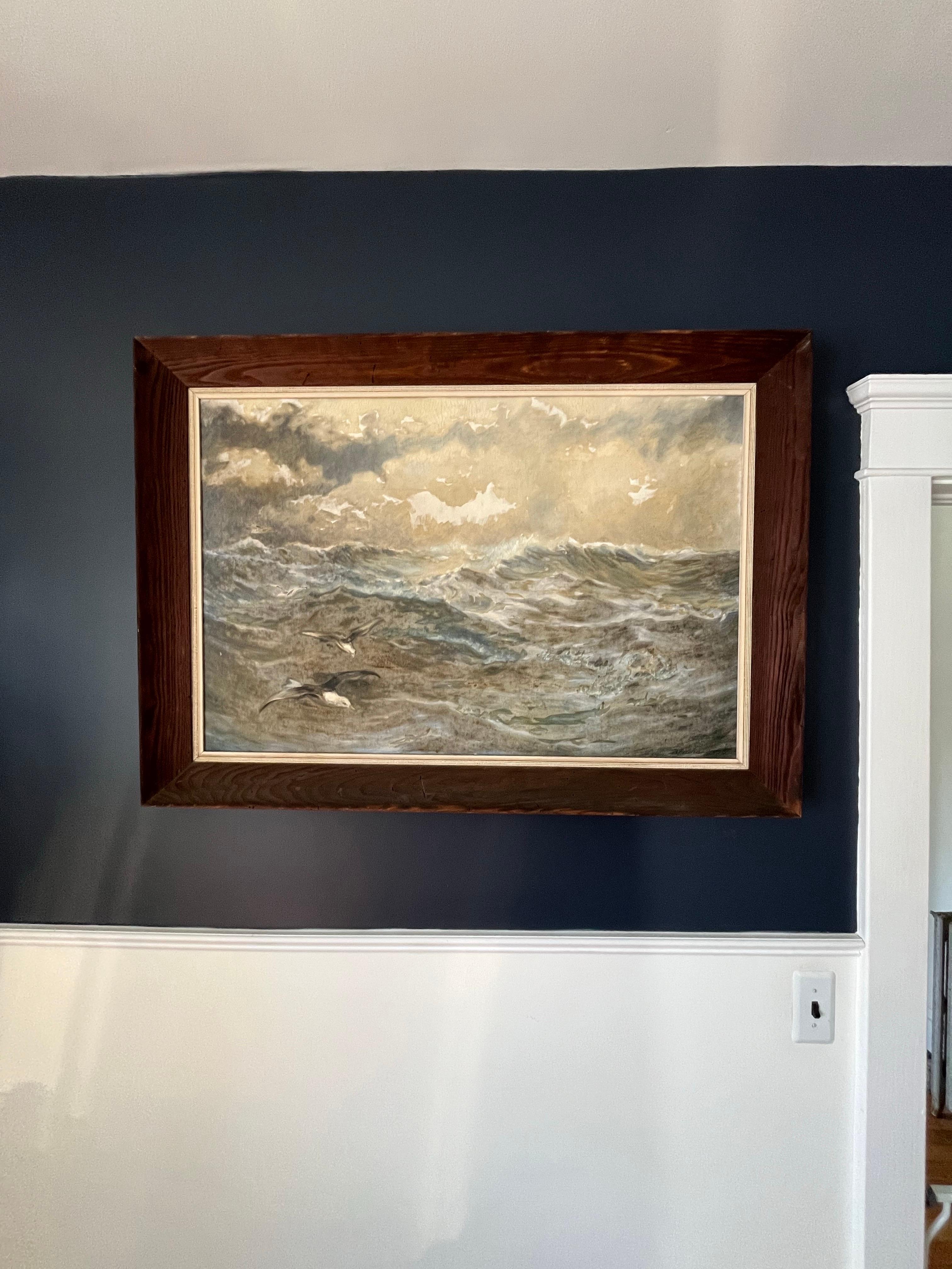Wonderful moody seascape painting stormy seas and 2 seagulls in flight. Dramatic presence with heavy dark natural wood frame. Artist signed.