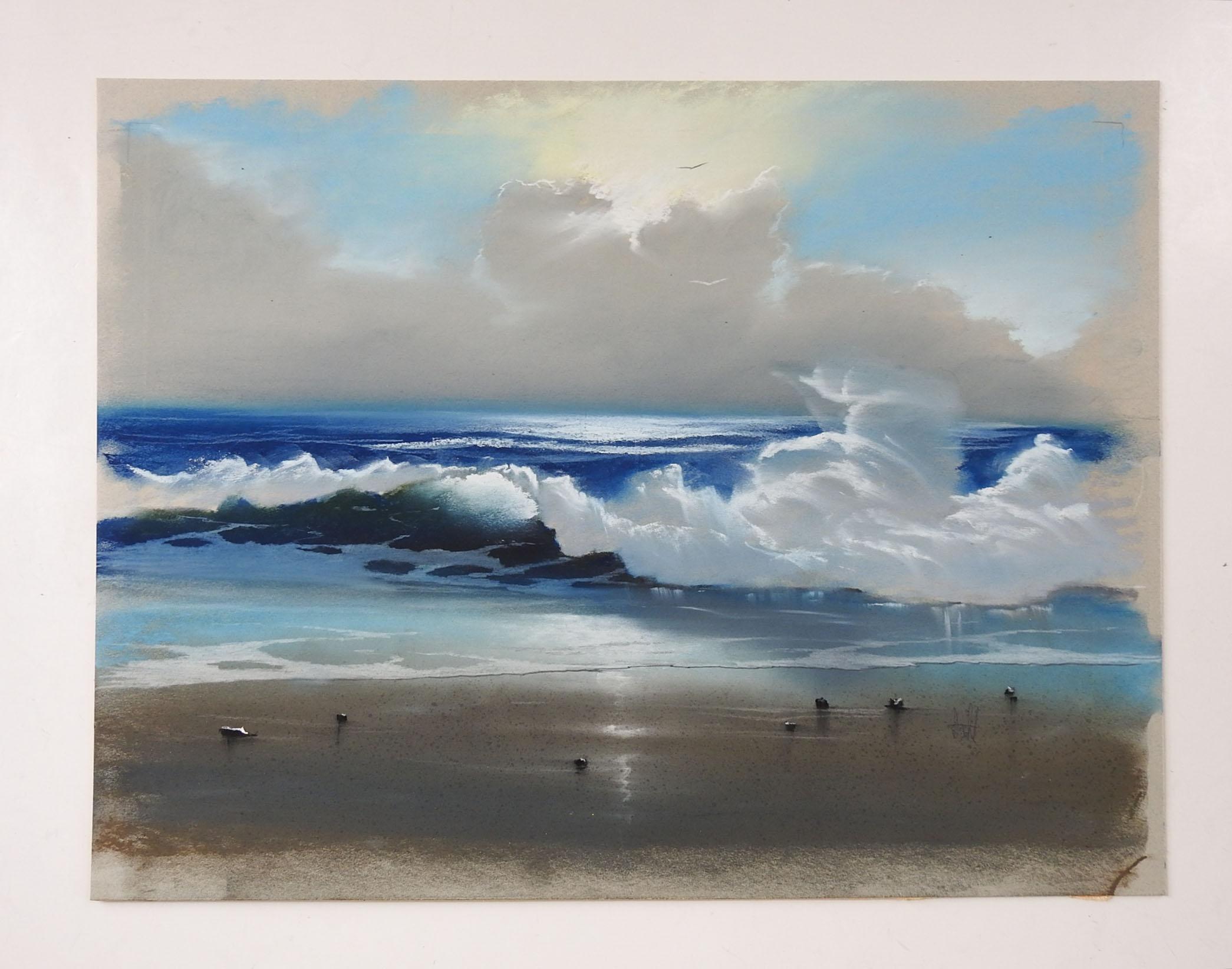 Peinture vintage au pastel sur carton d'artiste représentant un paysage marin.  Signé de façon illisible au crayon en bas à droite.  Non encadré.  Bon état.