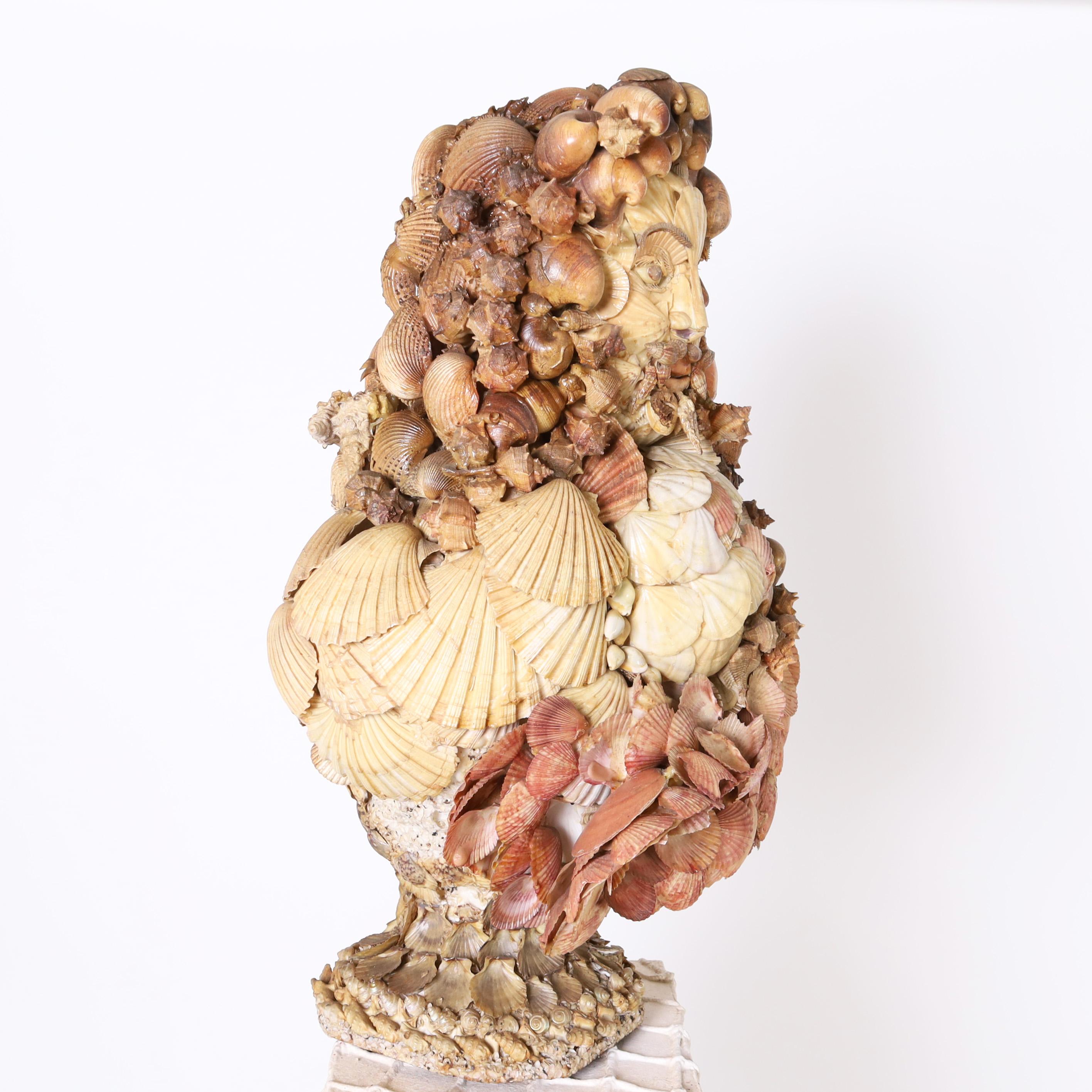 Shell Vintage Seashell Encrusted Grotto Style Bust and Pedestal